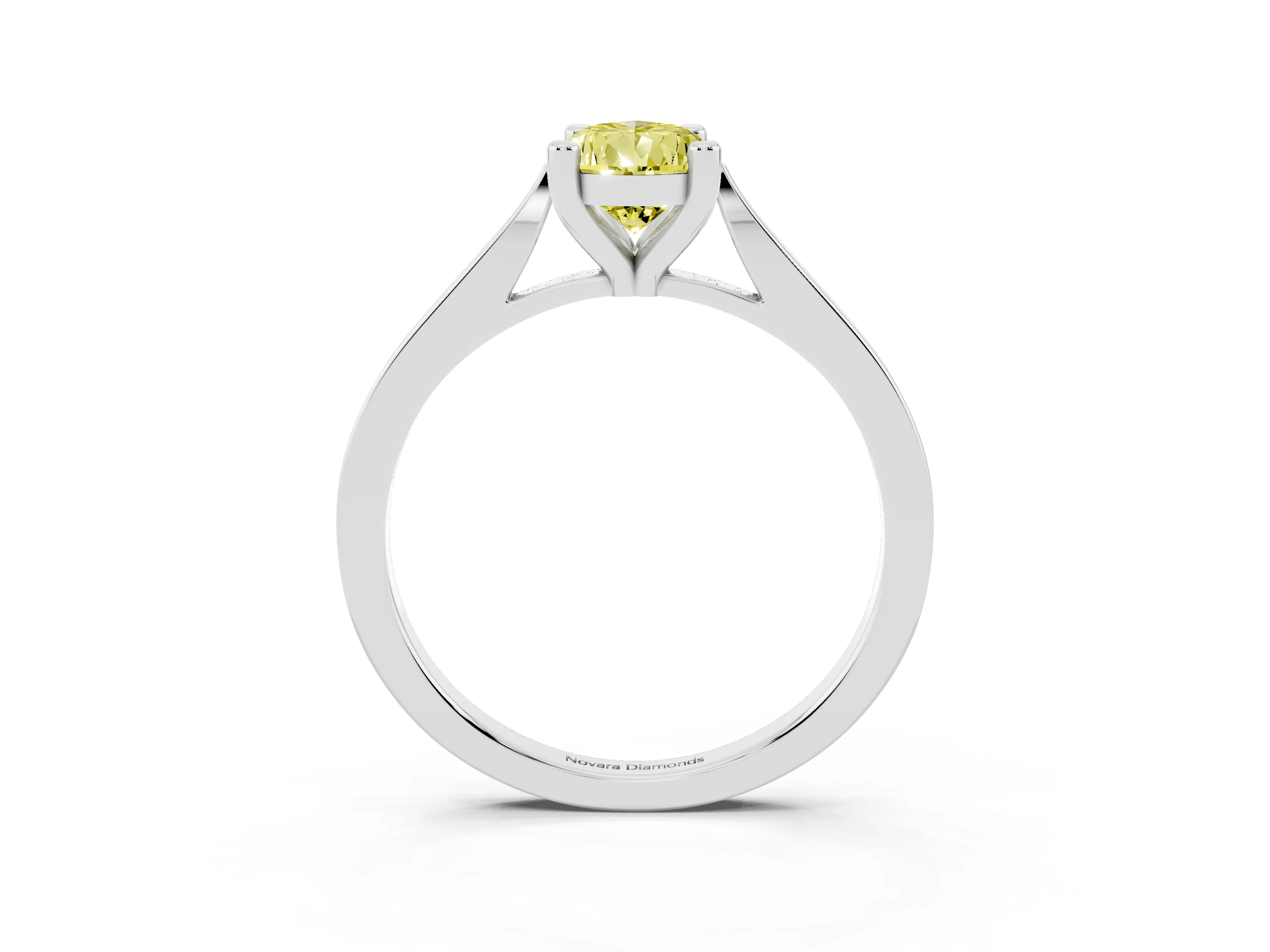 Fancy Yellow Pear Cut Diamond Solitaire Ring Set in Platinum with Prong Setting and Tapered Band