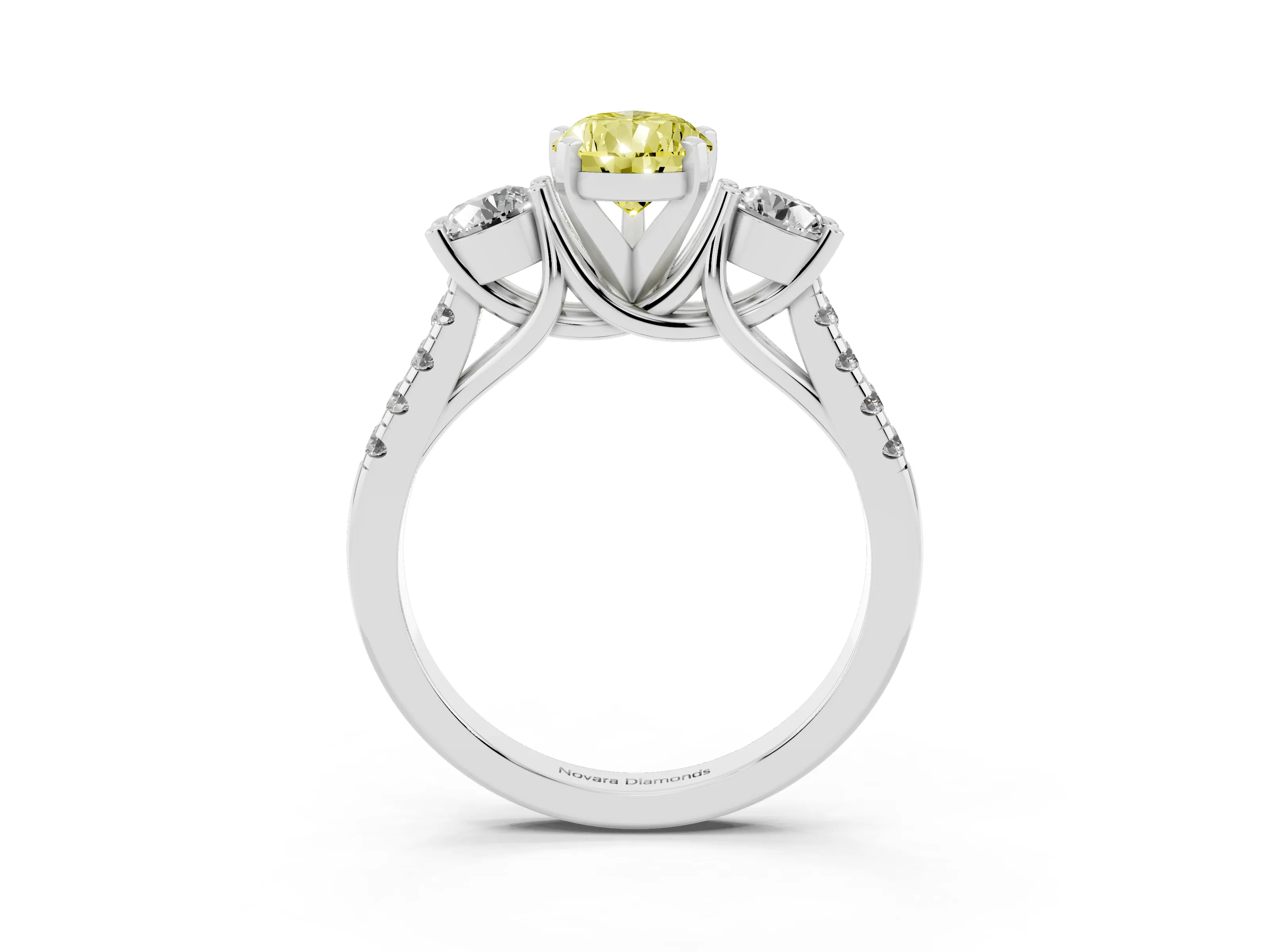 Fancy Yellow Three-Stone Pear Cut Diamond Pavé Band Ring Set in Silver with Prong-Set Trio