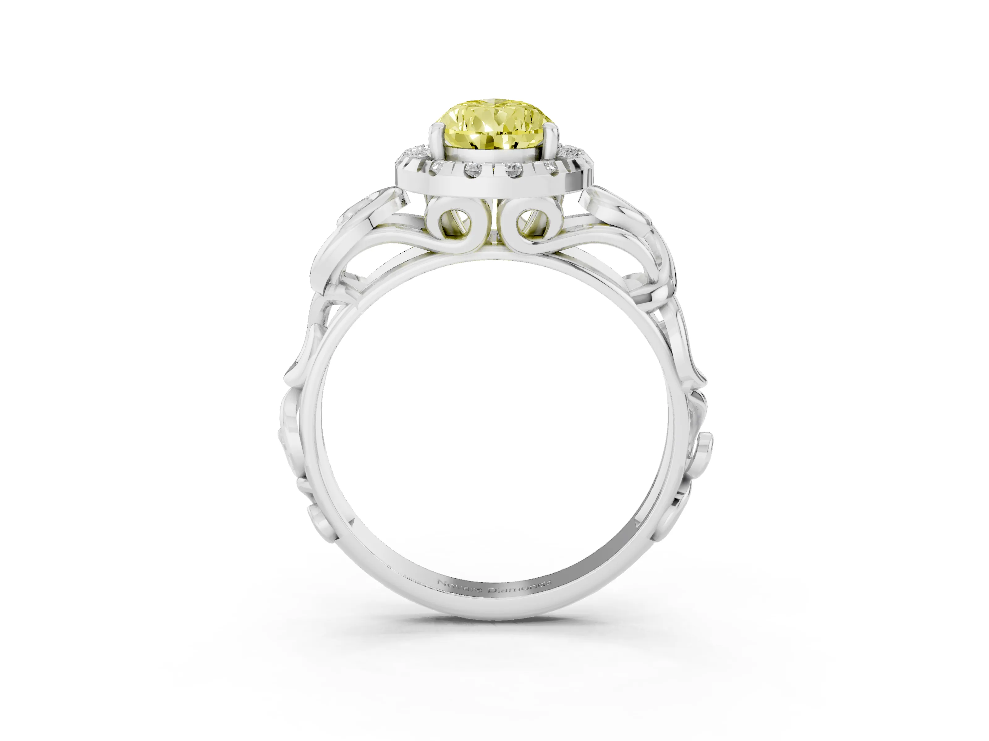 Fancy Yellow Pear Cut Diamond Halo Ring Set in Platinum with Scrollwork Band and Prong Setting