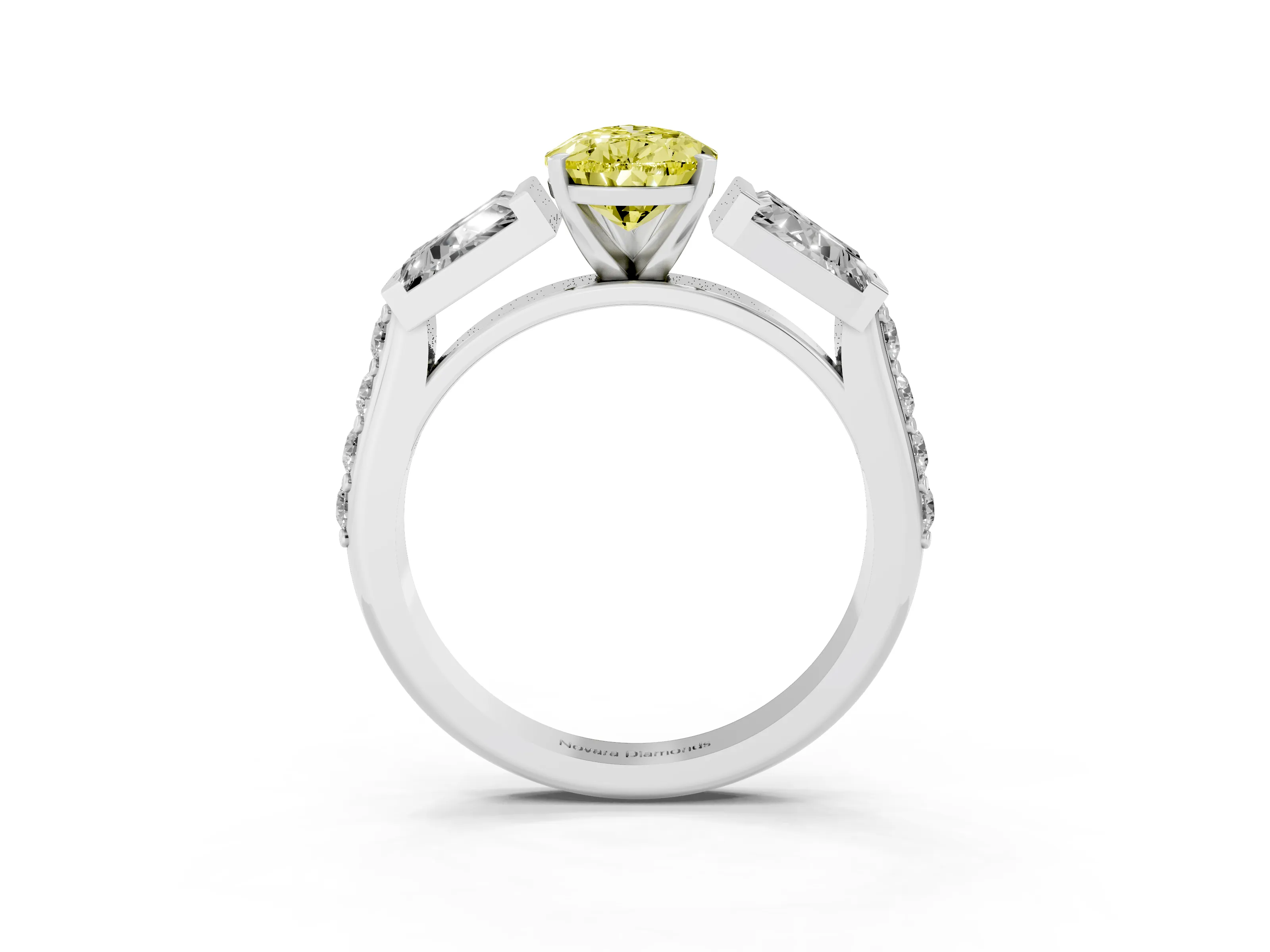 Fancy Yellow Pear Cut Diamond Engagement Ring Set in White gold with Baguette Side Stones and Channel Set Band