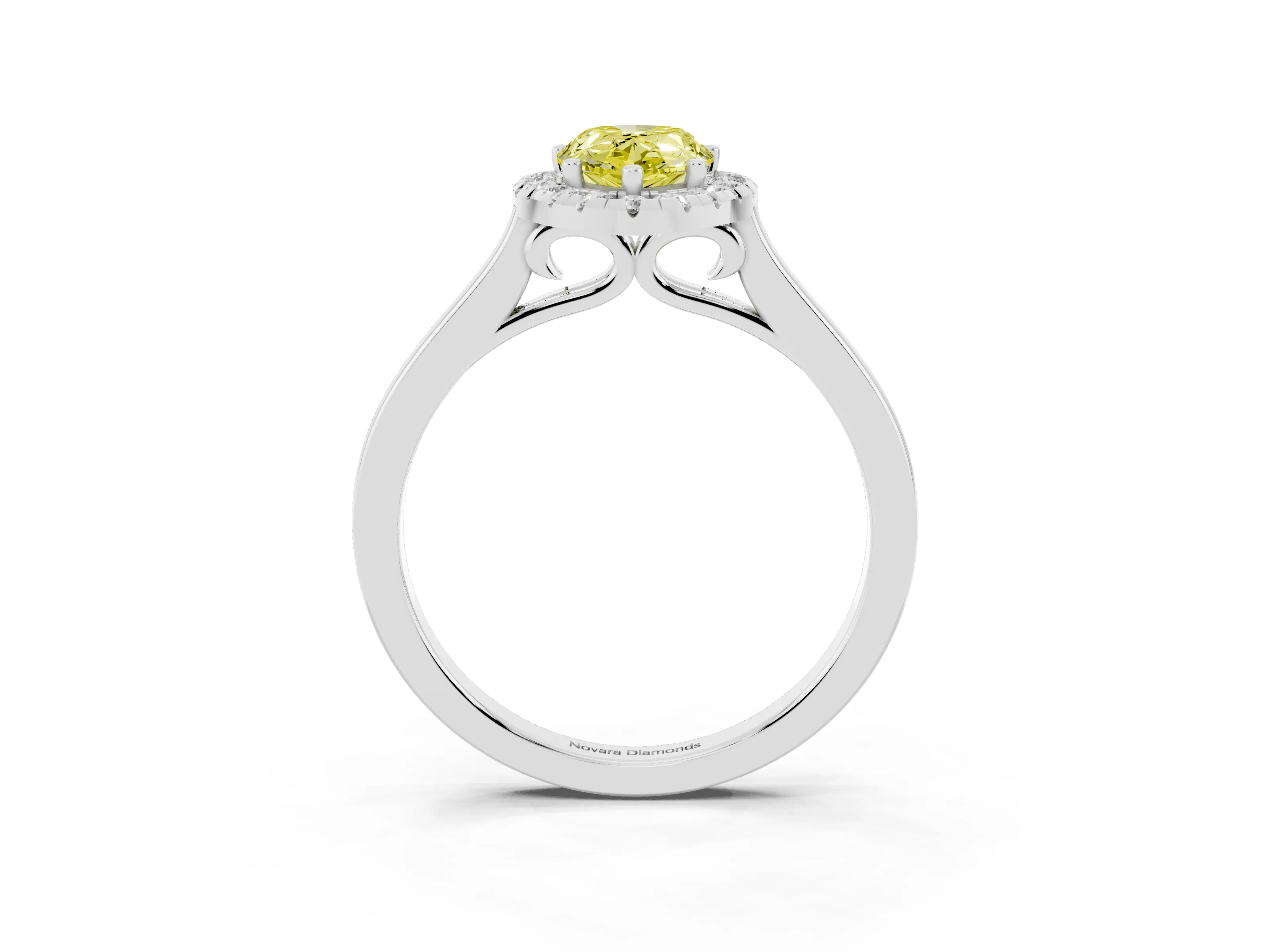 Fancy Yellow Pear Cut Halo Round Diamond Solitaire Ring Set in White gold with Pavé Band and Prong Setting