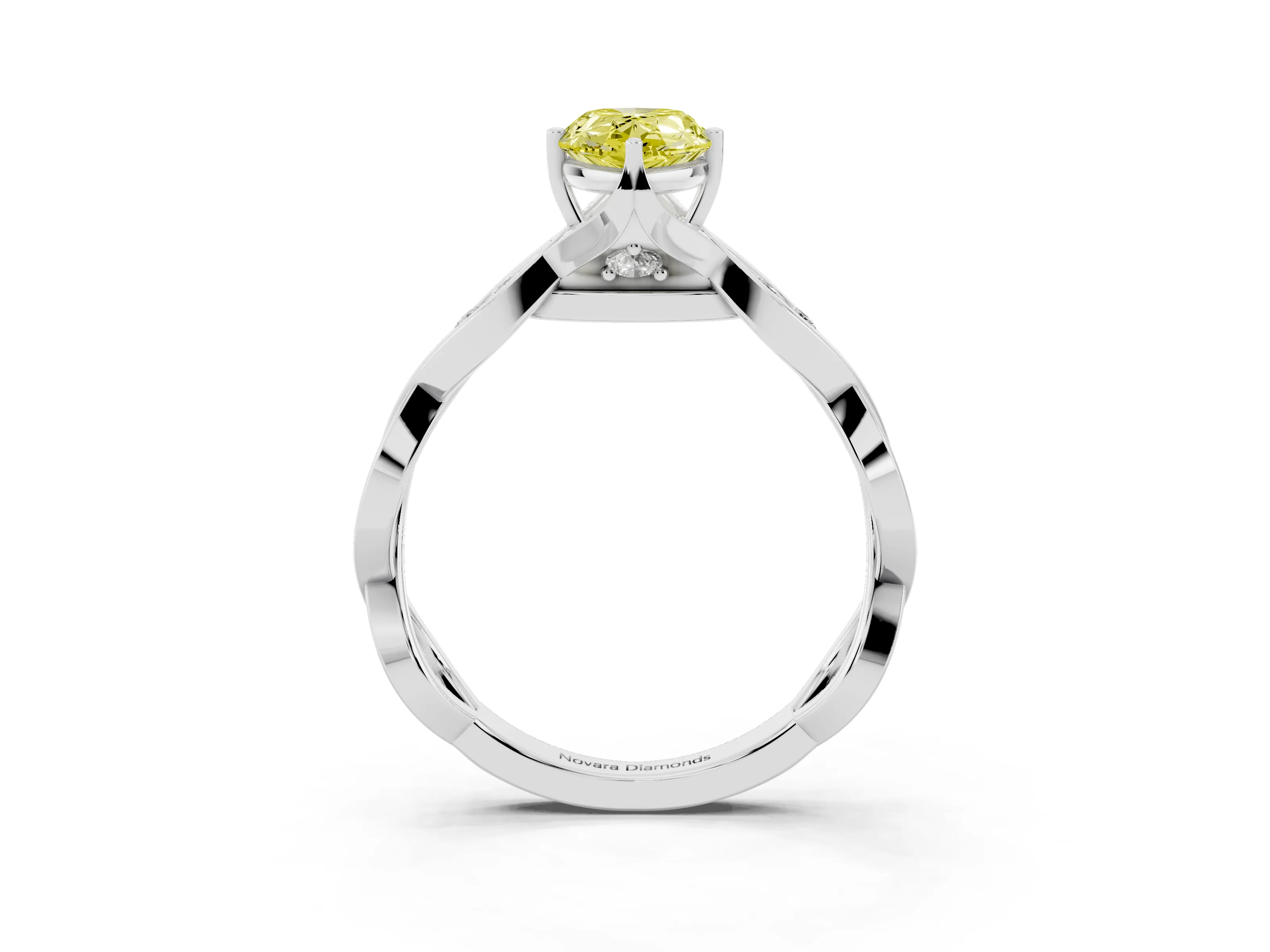 Fancy Yellow Pear Cut Diamond Twist Band Solitaire Ring Set in Platinum with Leaf Prong Setting and Accent Stones