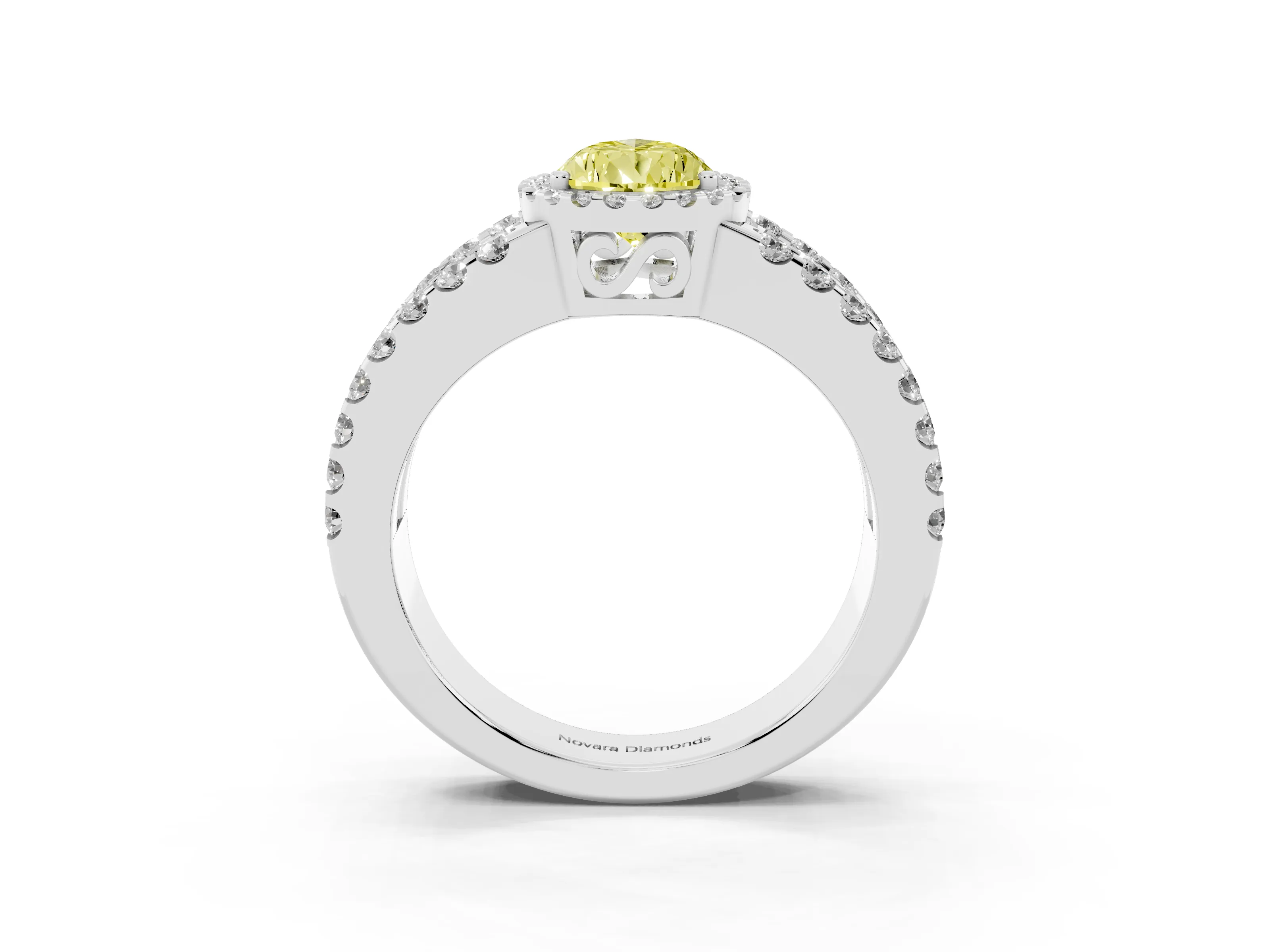 Fancy Yellow Pear Cut Diamond Halo Ring Set in White gold with Pavé Split Shank and Prong Setting