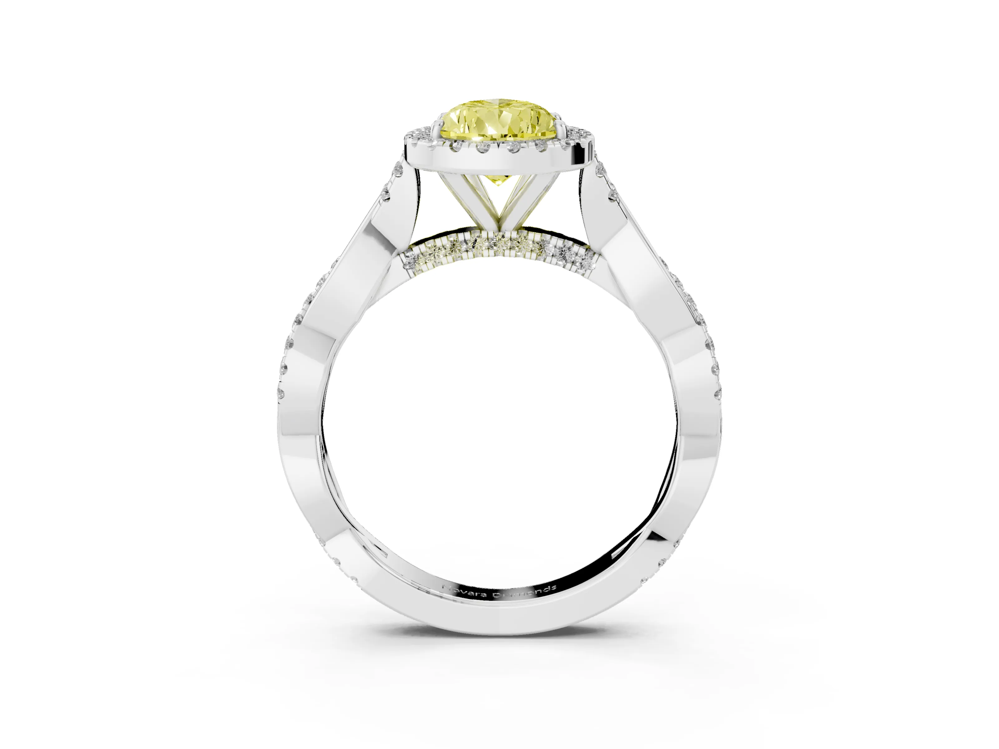 Fancy Yellow Pear Cut Diamond Halo Twist Band Solitaire Ring Set in White gold with Prong Setting