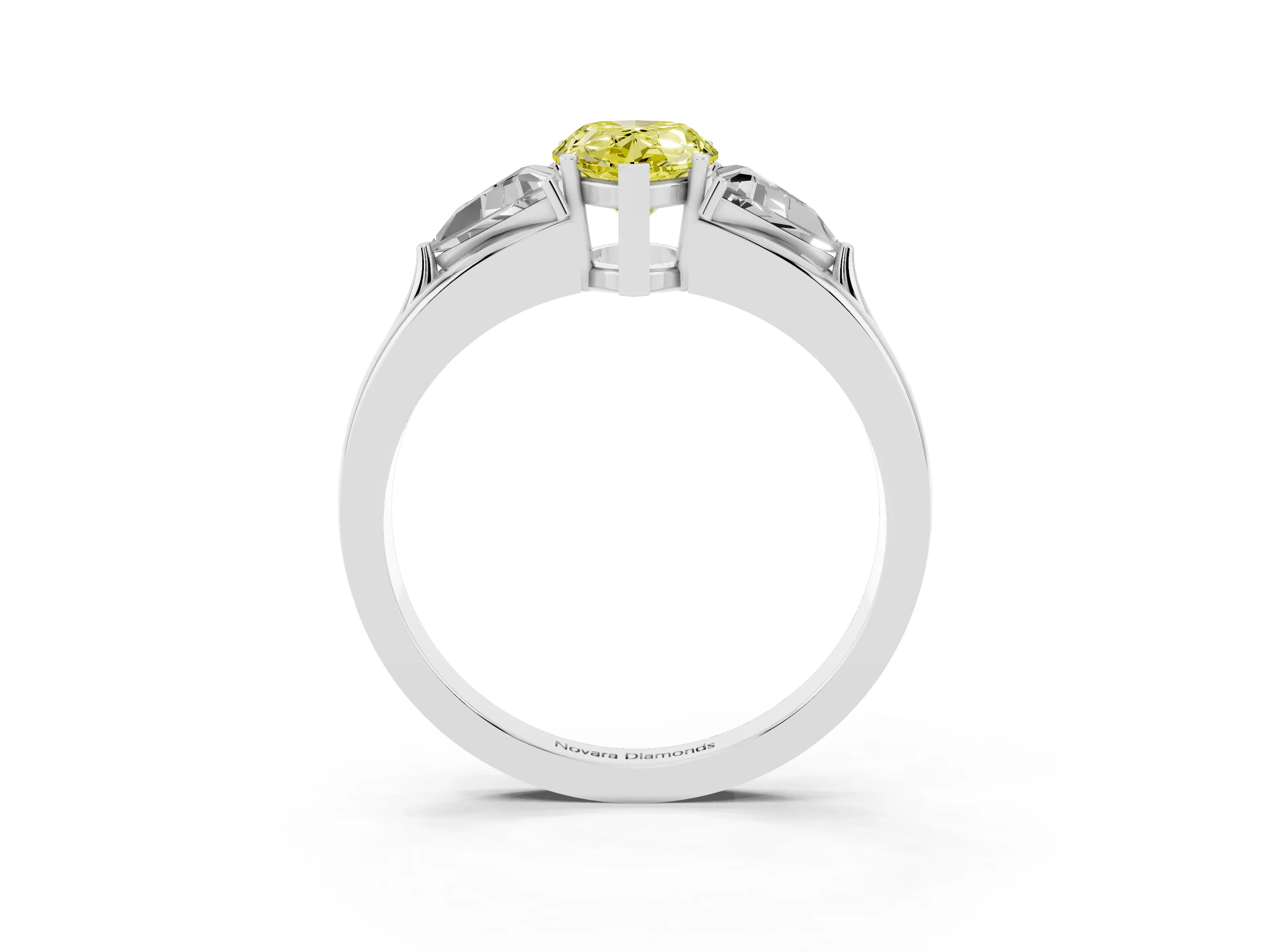 Fancy Yellow Pear Cut Diamond Three-Stone Ring Set in Silver with Trillion Side Stones and Split Shank