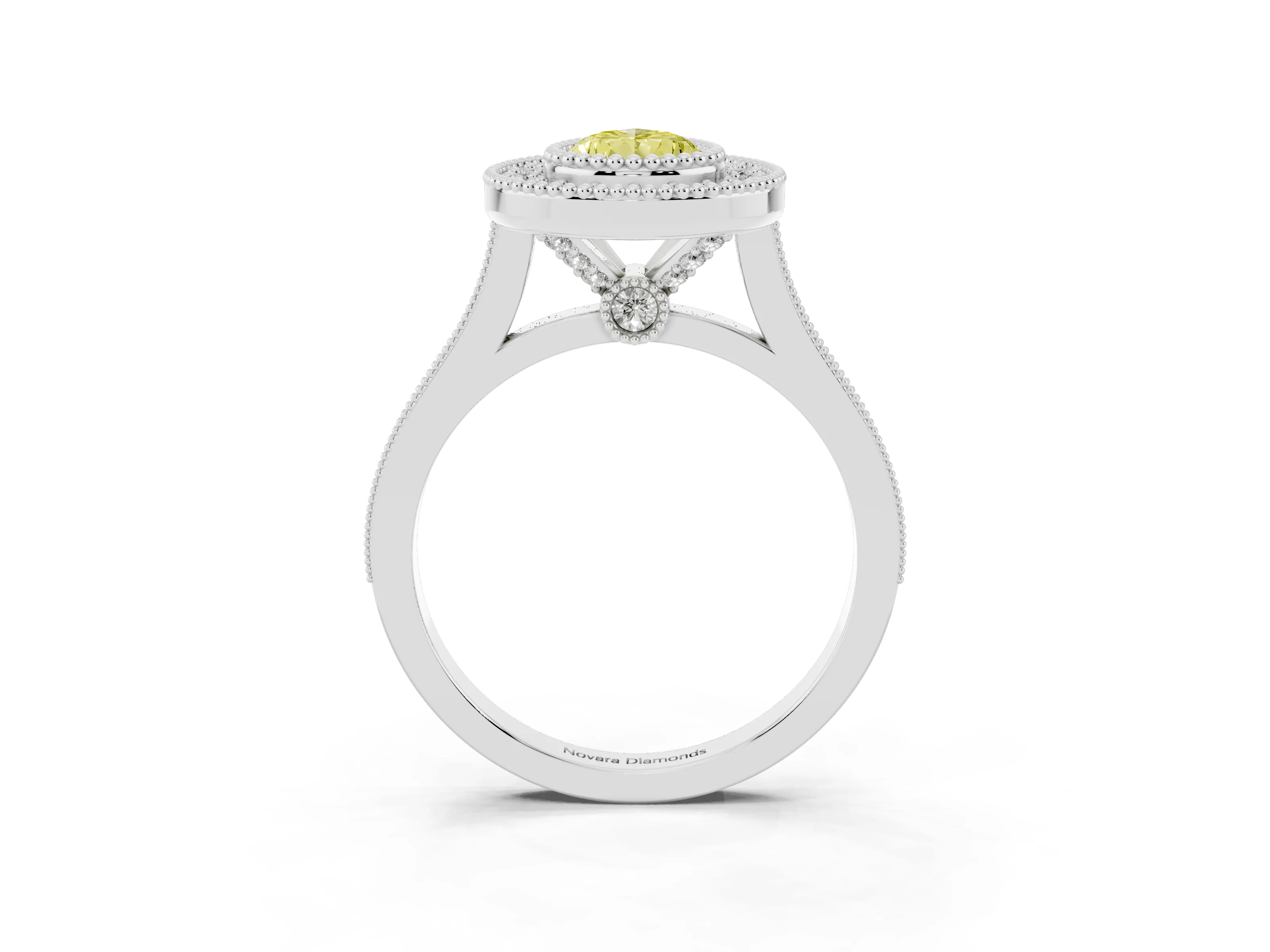 Fancy Yellow Pear Cut Diamond Halo Ring Set in White gold with Milgrain Frame and Pavé Band