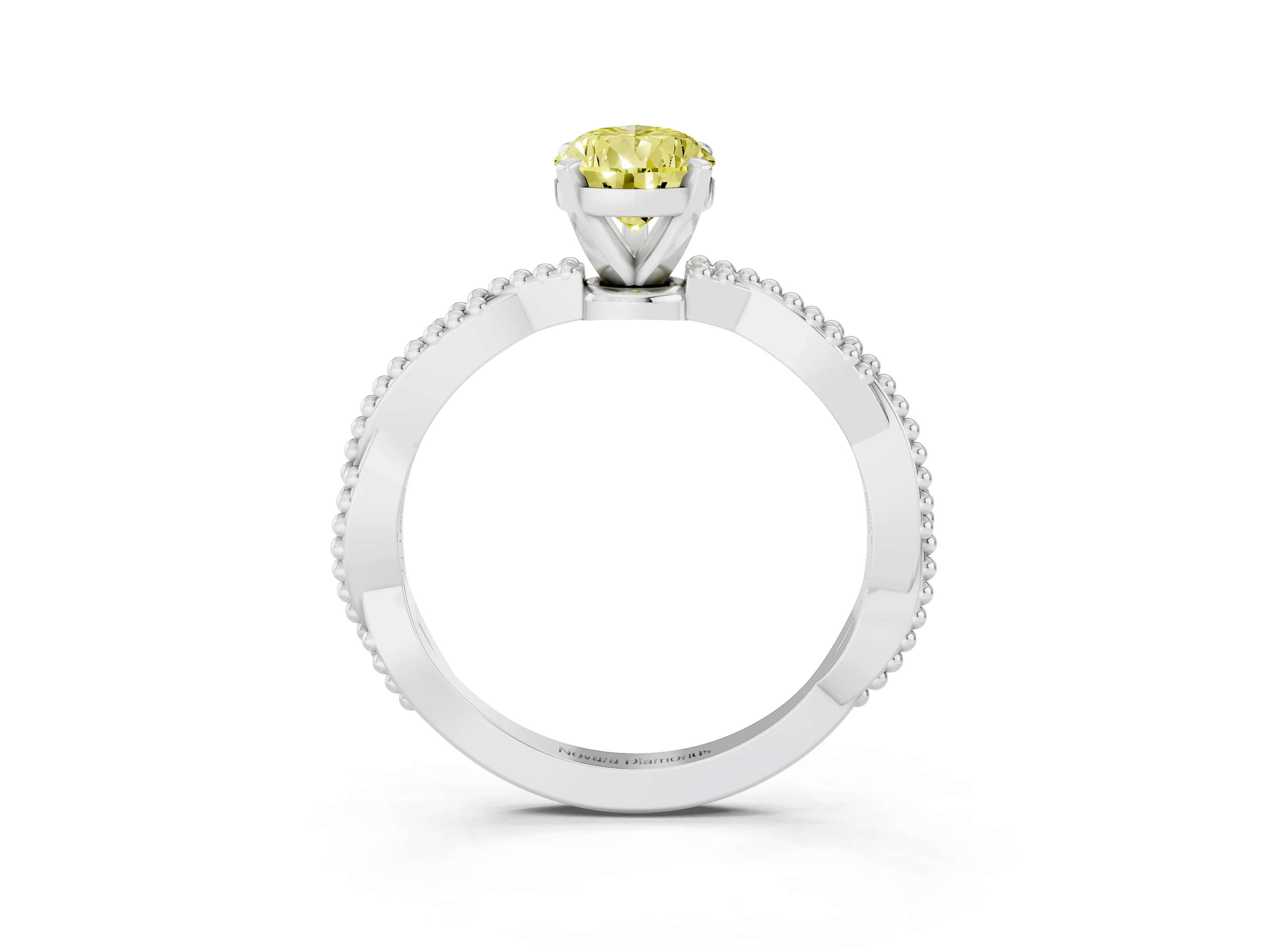 Fancy Yellow Pear Cut Diamond Solitaire Ring Set in Silver with Twisted Band and Bead Prong Setting