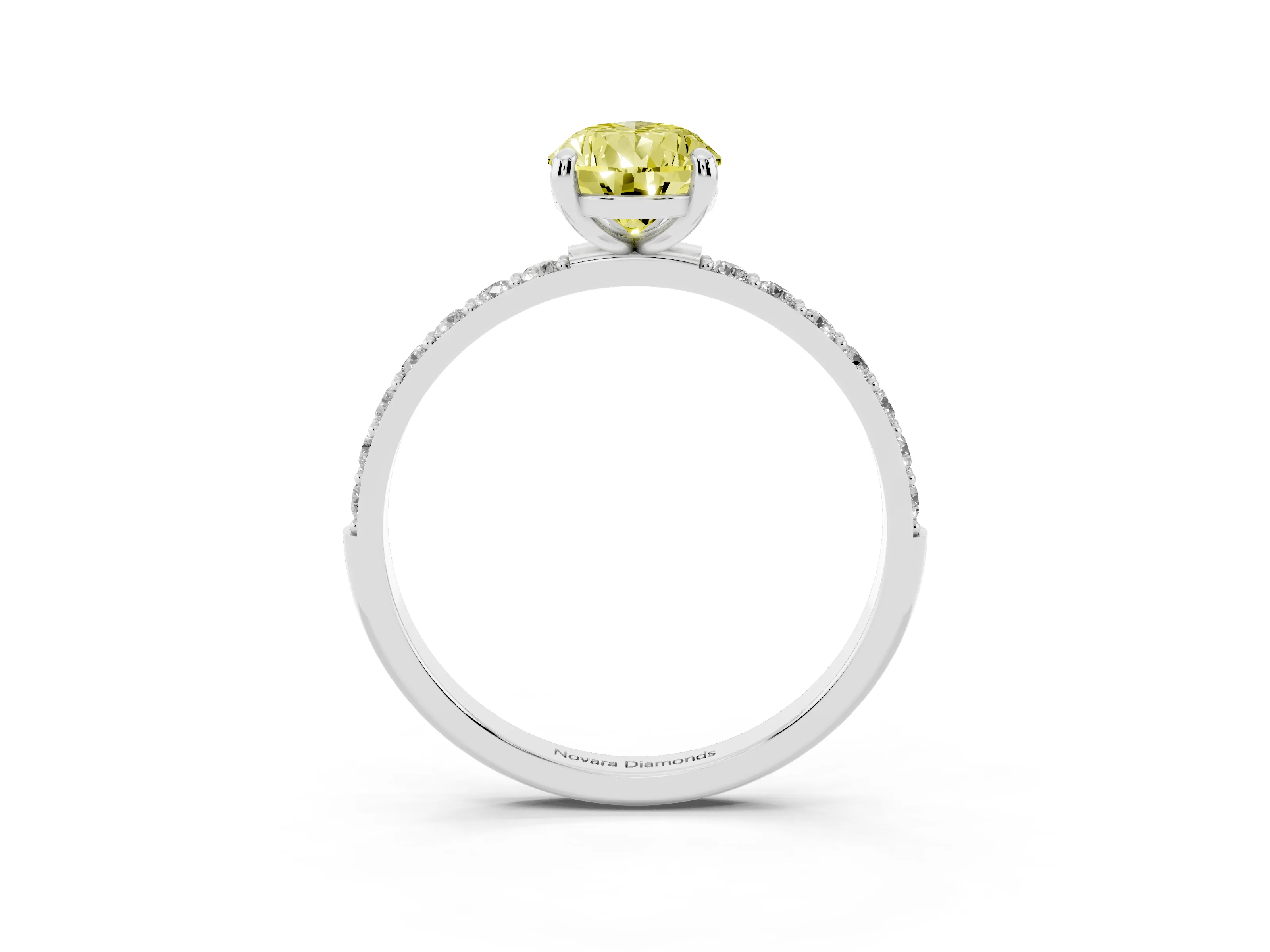 Fancy Yellow Pear Cut Diamond Solitaire Ring Set in Platinum with Round Pavé Band and Prong Setting