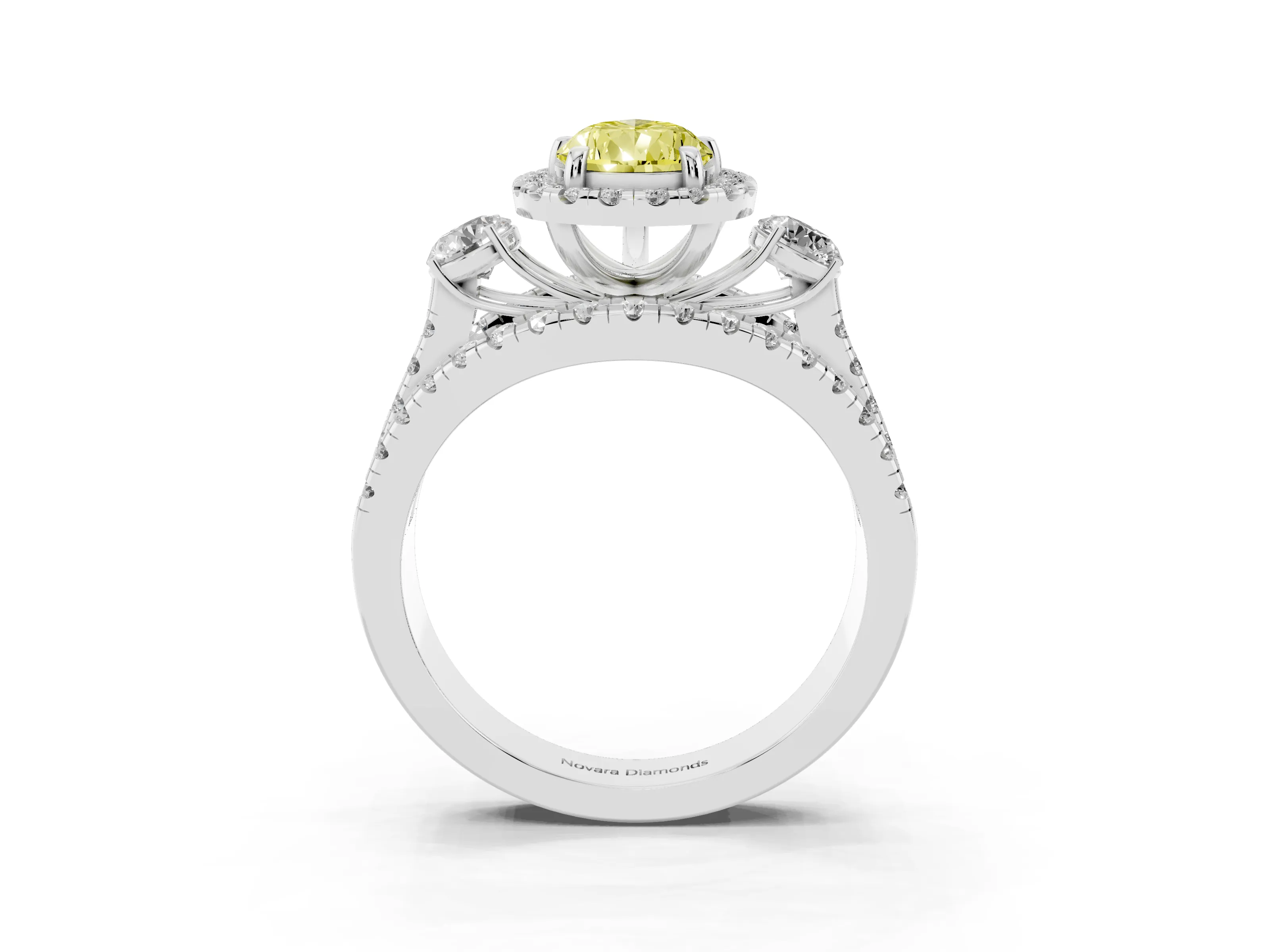 Fancy Yellow Pear Cut Diamond Halo Split Shank Ring Set in Silver with Round Accent Stones and Prong Setting