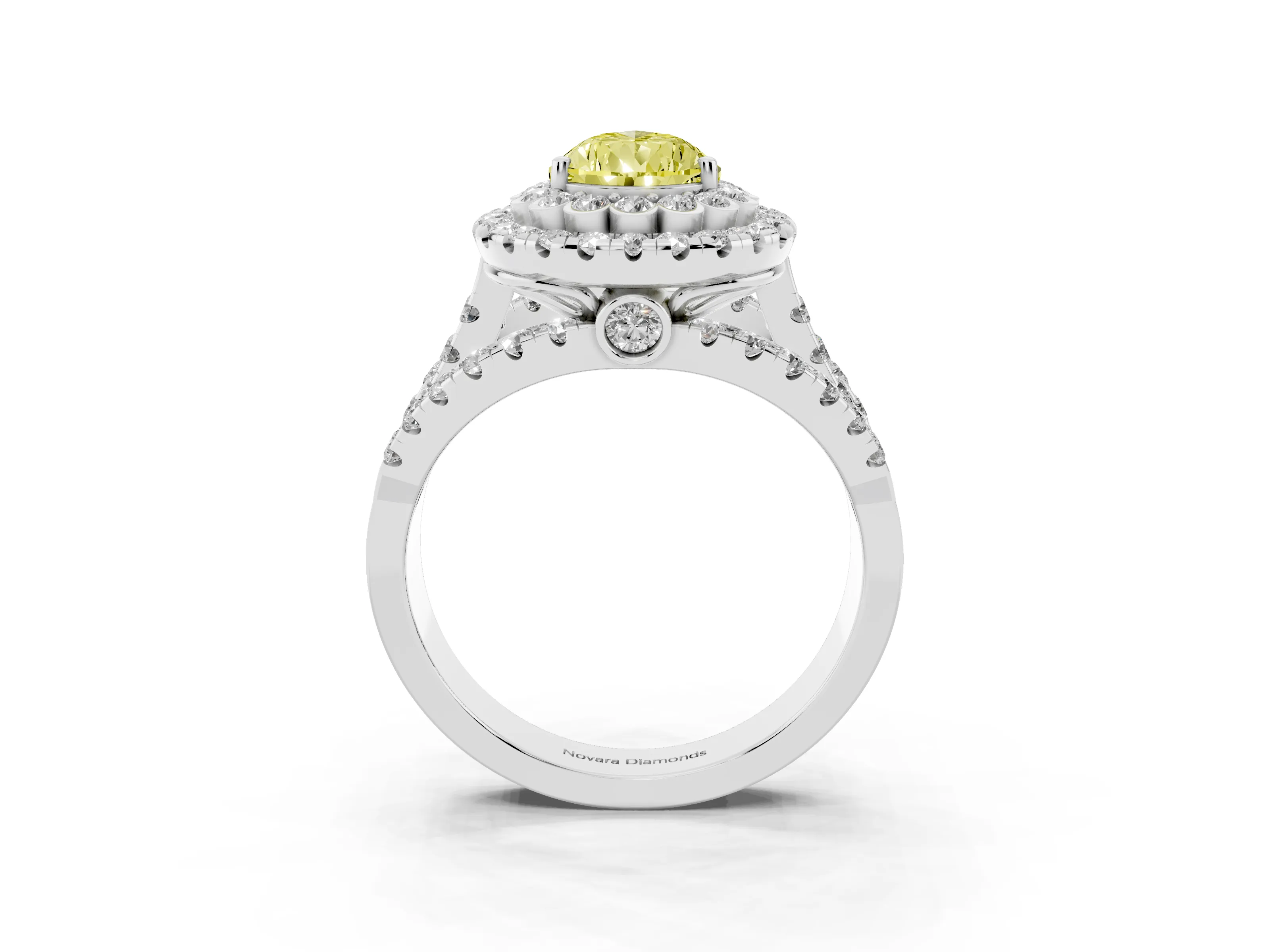 Fancy Yellow Pear Cut Diamond Double Halo Ring Set in Silver with Round Pavé Split Shank