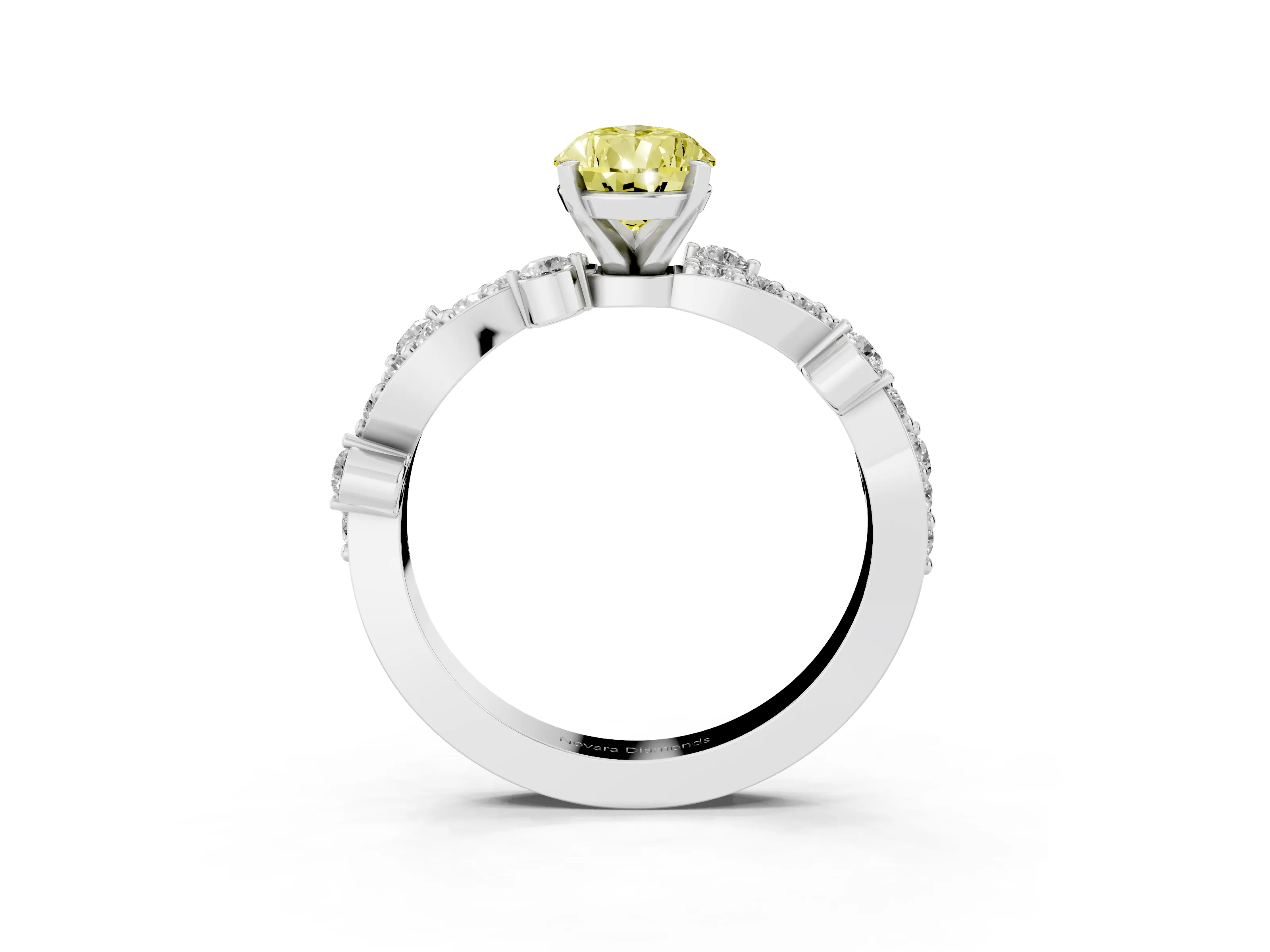 Fancy Yellow Pear Cut Diamond Solitaire Twisted Band Set in White gold with Pavé Setting