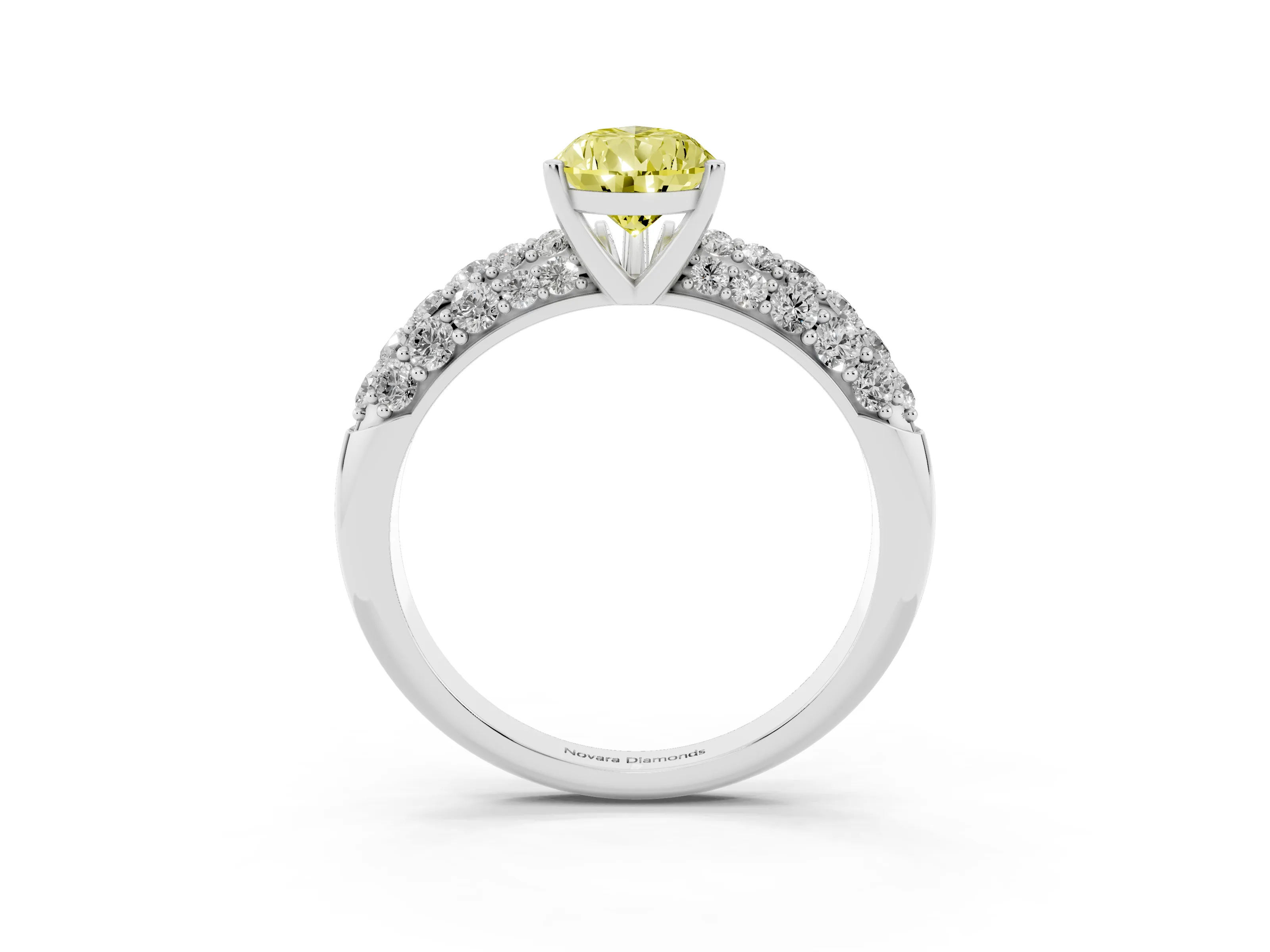 Fancy Yellow Pear Cut Diamond Pavé Band Solitaire Ring Set in White gold with Close-Set Accent Stones and Prong Setting
