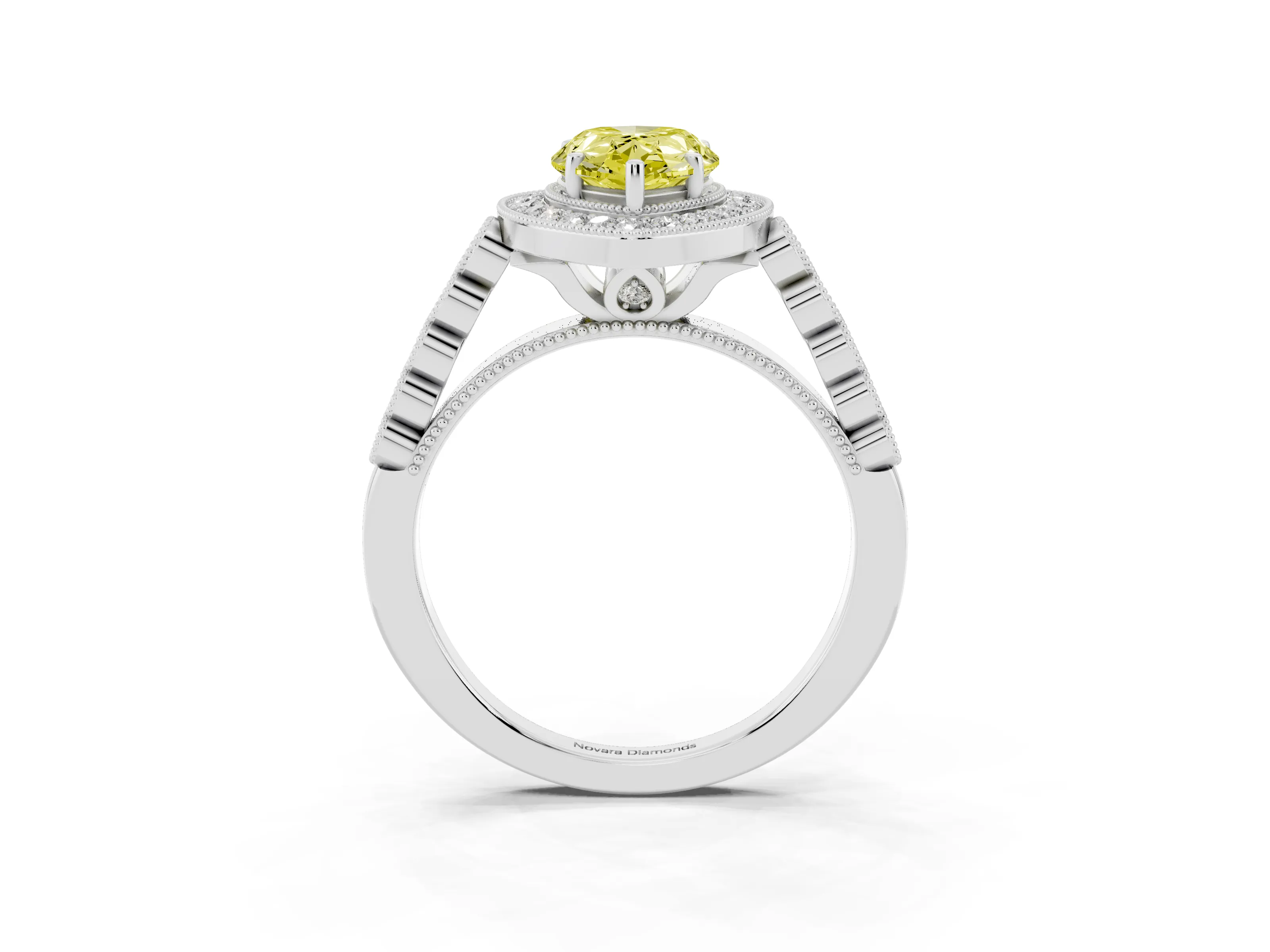 Fancy Yellow Pear Cut Diamond Milgrain Halo Solitaire Ring Set in Silver with Bezel Set Side Stones and Pavé Band