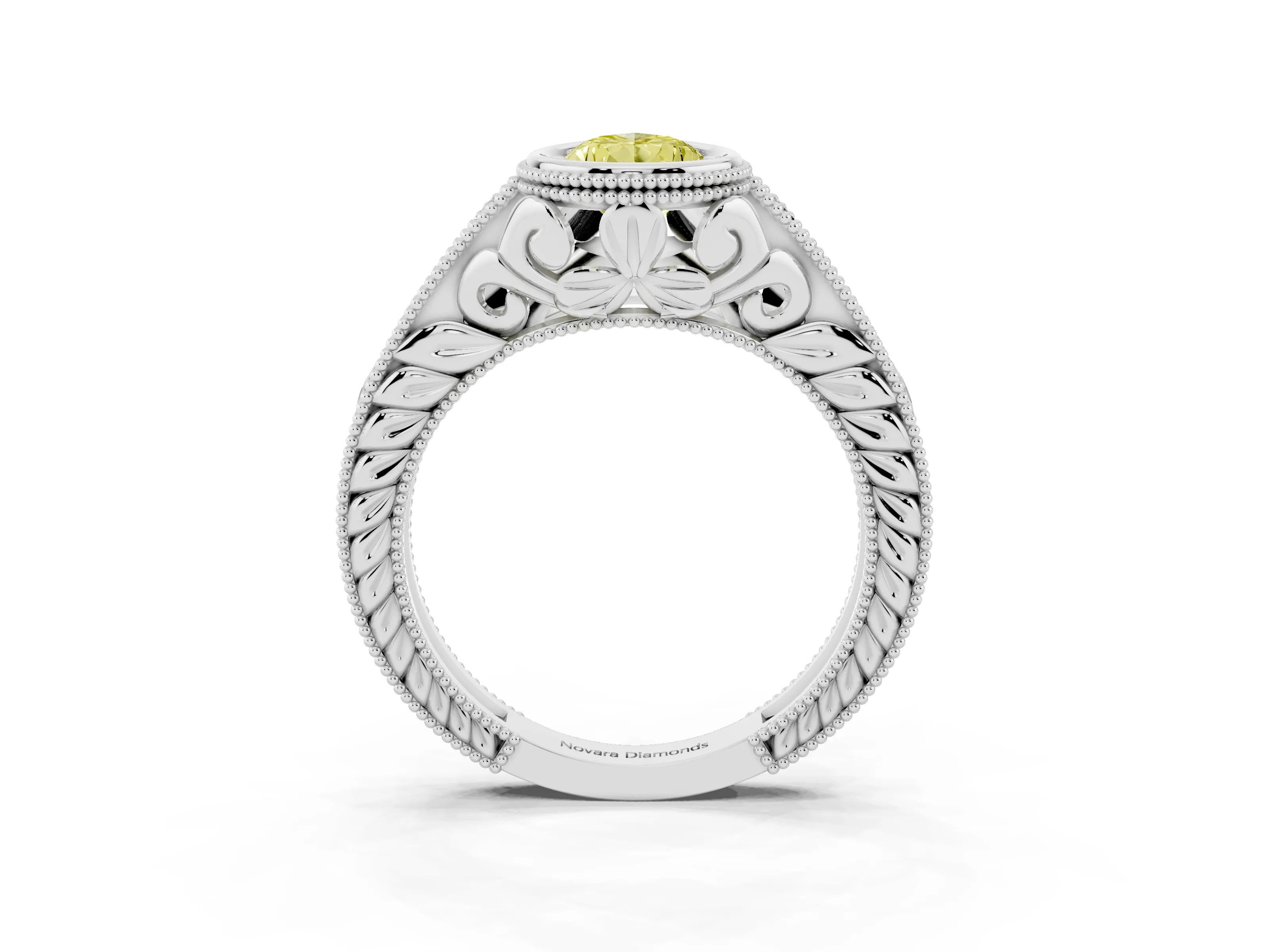 Fancy Yellow Bezel Set Pear Cut Diamond Milgrain Pavé Engagement Ring Set in Silver