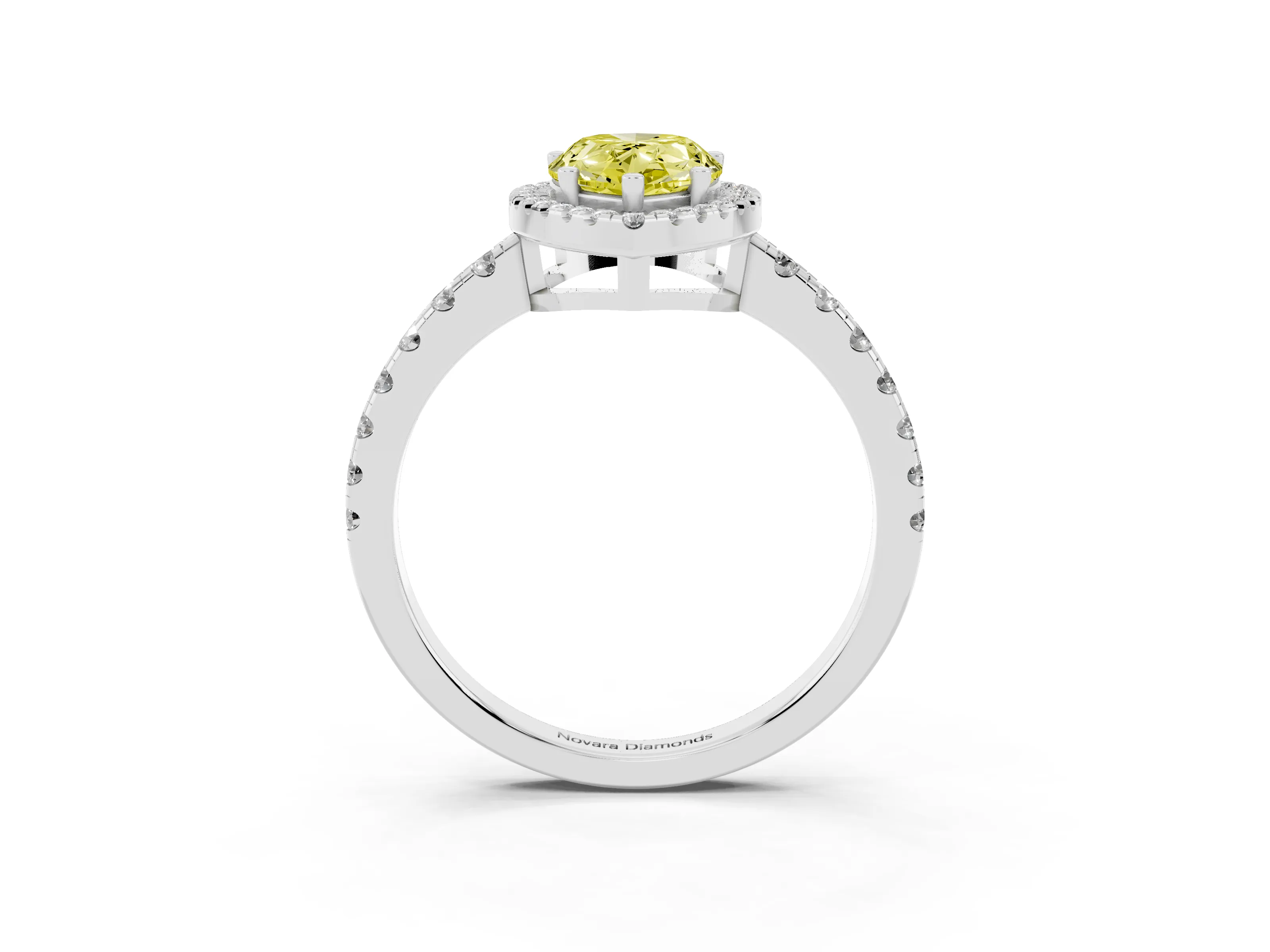 Fancy Yellow Pear Cut Diamond Halo Ring Set in Platinum with Delicate Pavé Band and Prong Setting