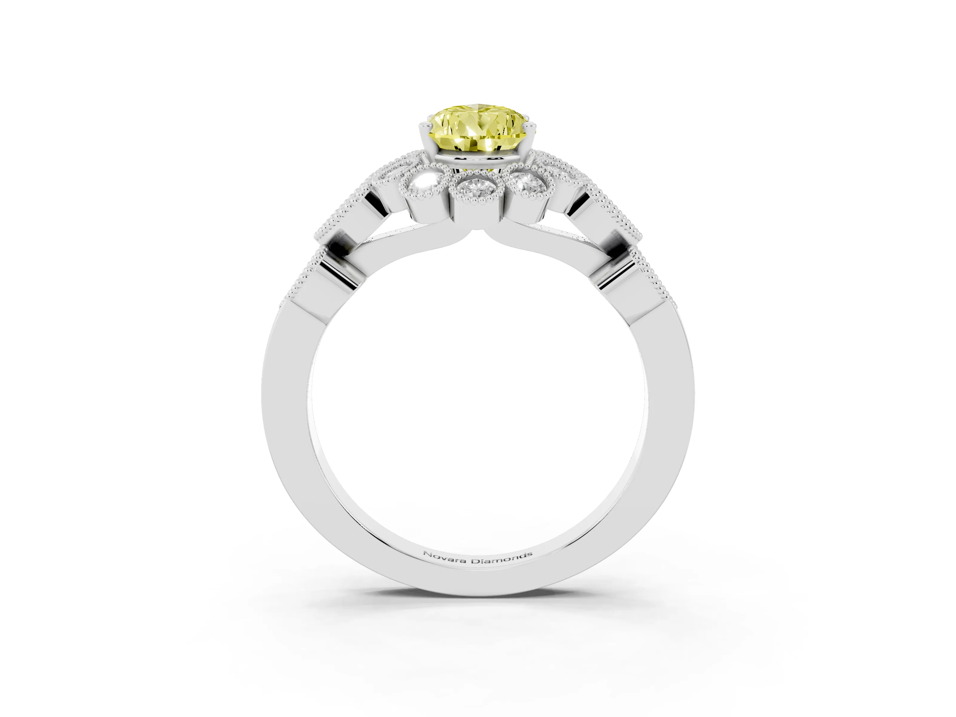 Fancy Yellow Pear Cut Diamond Solitaire Ring Set in Platinum with Milgrain Pavé Heart Band