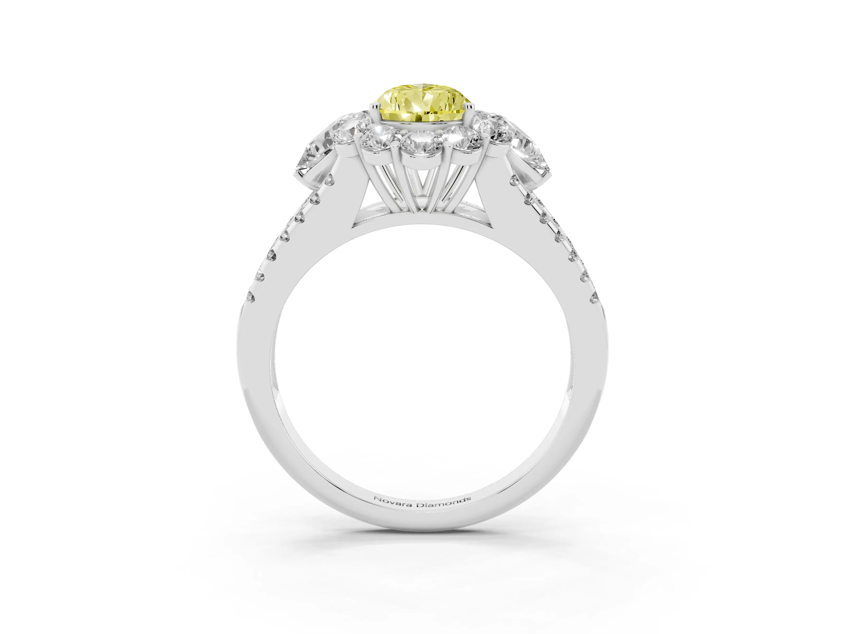 Fancy Yellow Pear Cut Diamond Halo Split Shank Engagement Ring Set in White gold with Prong-Held Center Stone