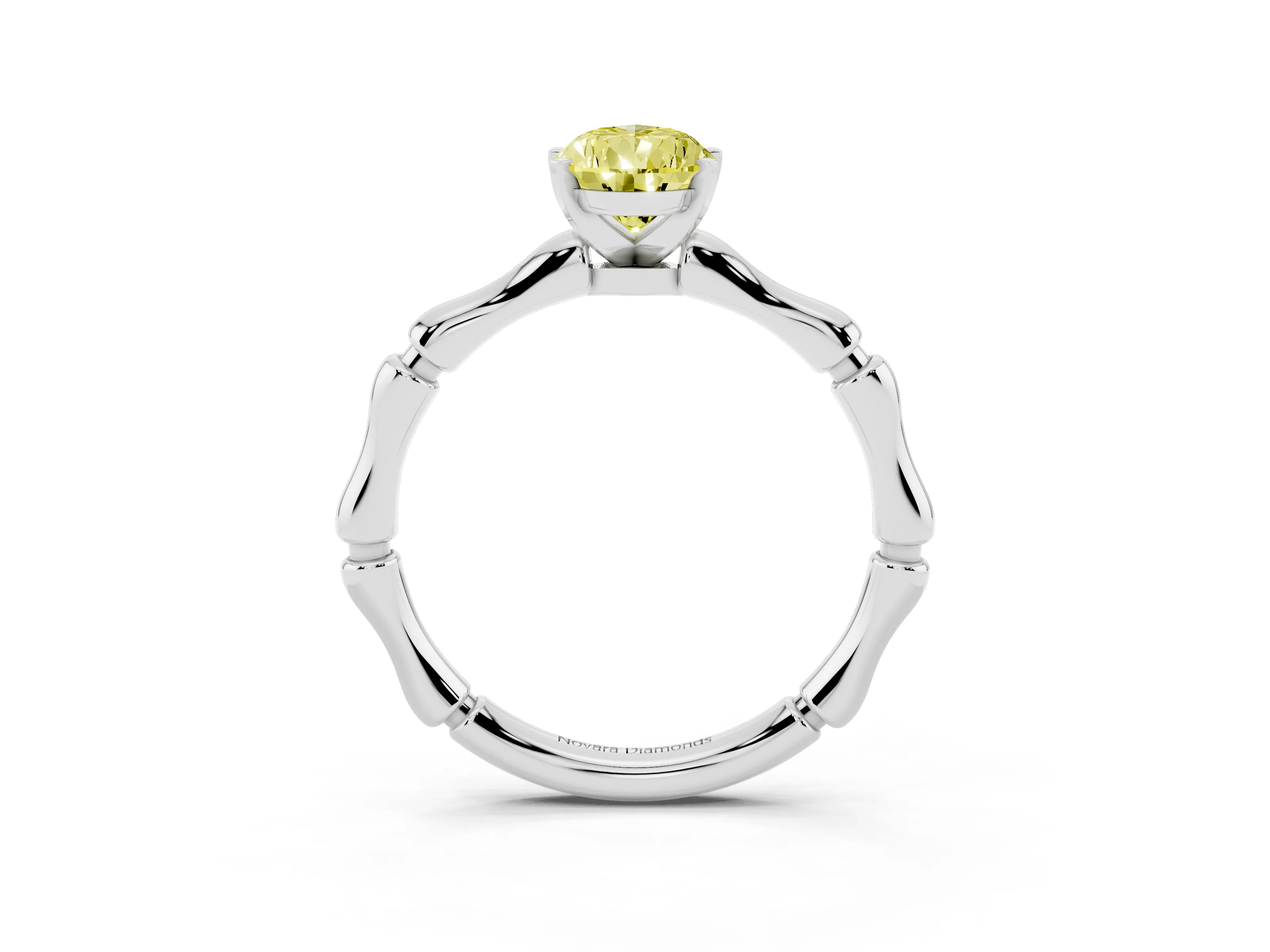 Fancy Yellow Pear Cut Diamond Solitaire Ring Set in Platinum with Bamboo Band and Prong Setting
