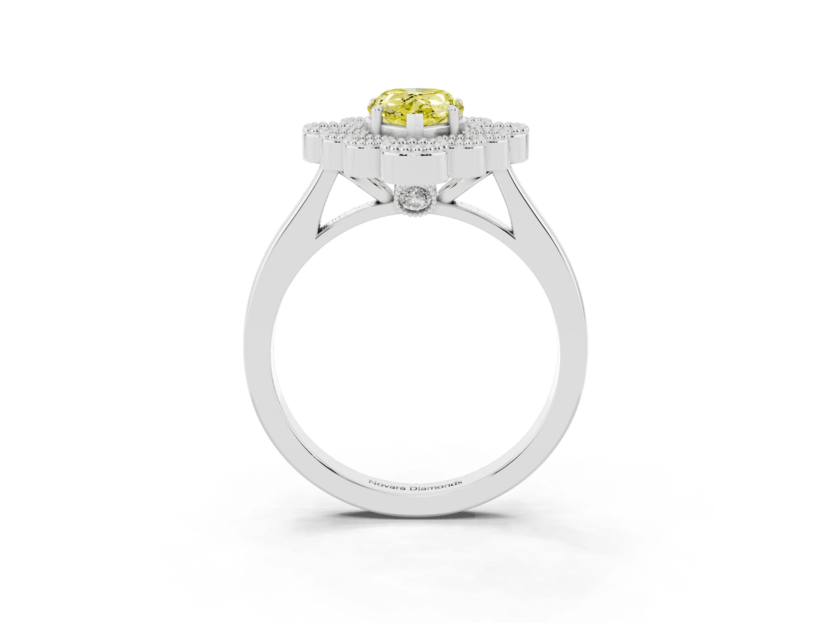 Fancy Yellow Pear Cut Diamond Cluster Halo Ring Set in White gold with Milgrain Bezel Accents and Plain Band