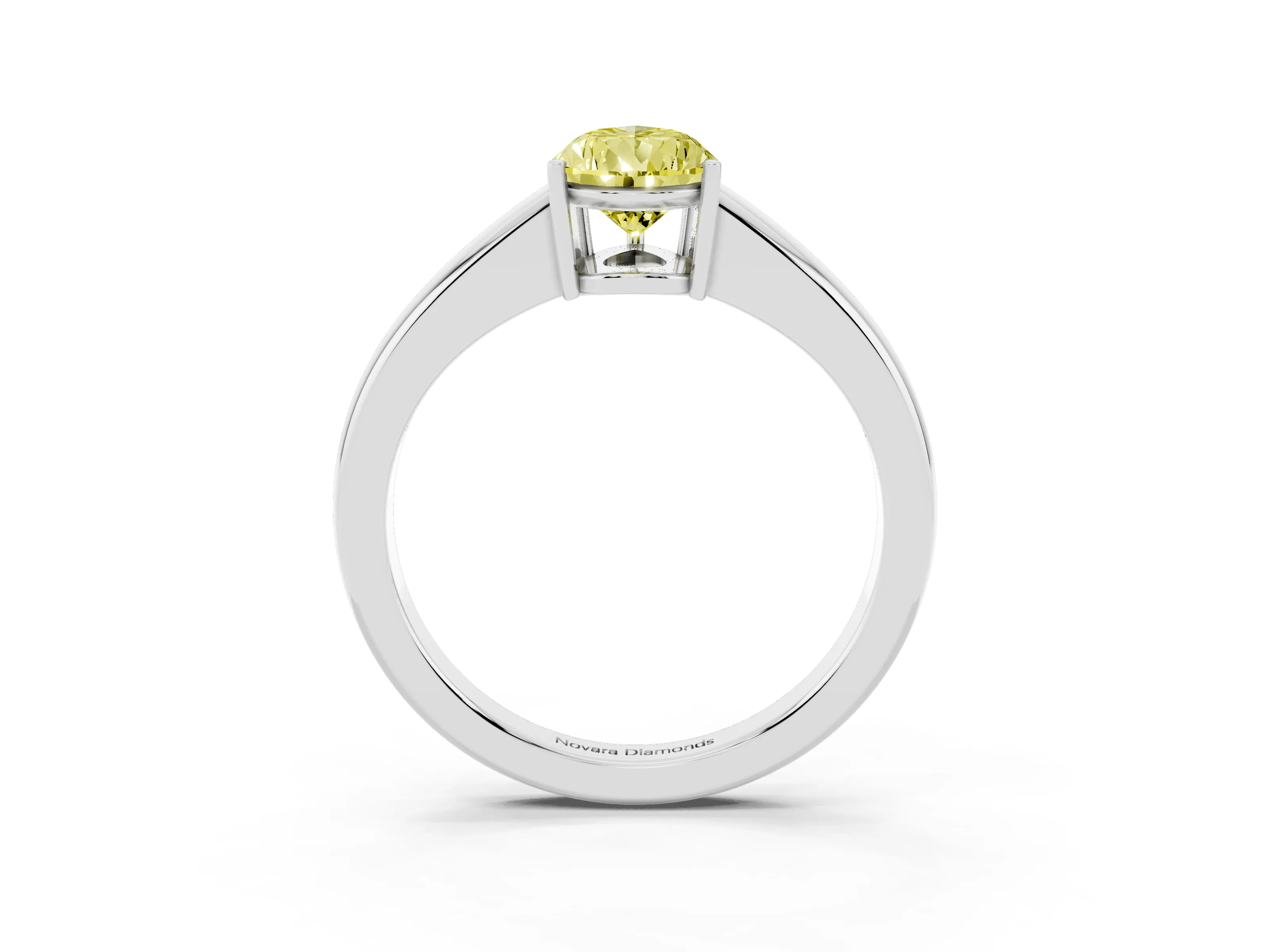 Fancy Yellow Pear Cut Diamond Solitaire Ring Set in White gold with Tapered Band and Prong Setting