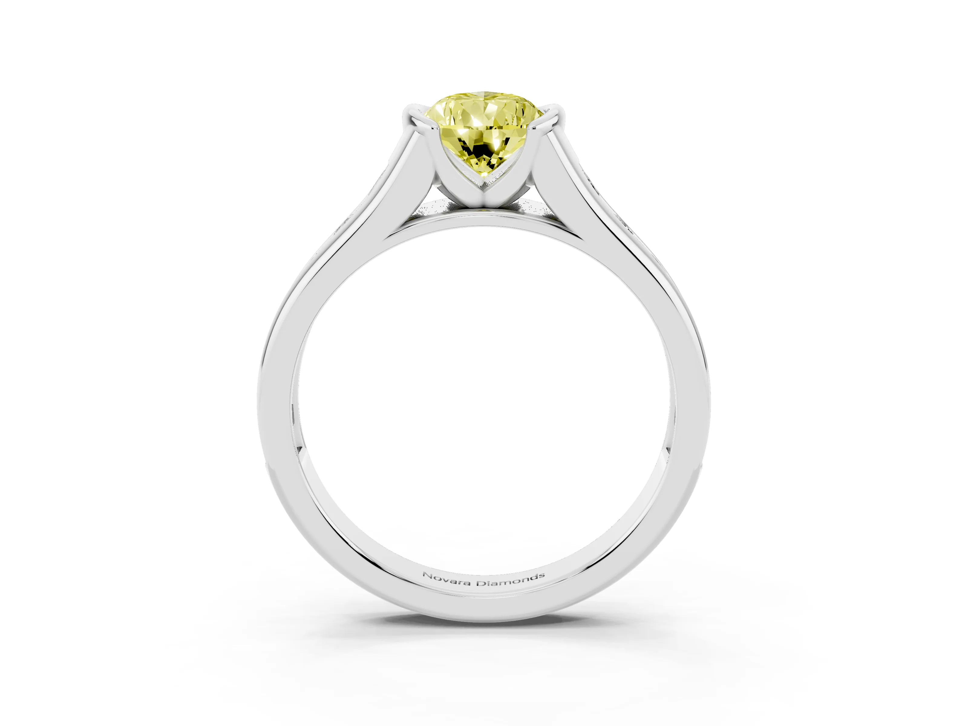 Fancy Yellow Pear Cut Diamond Bezel-Set Solitaire Ring Set in White gold with Channel-Set Band
