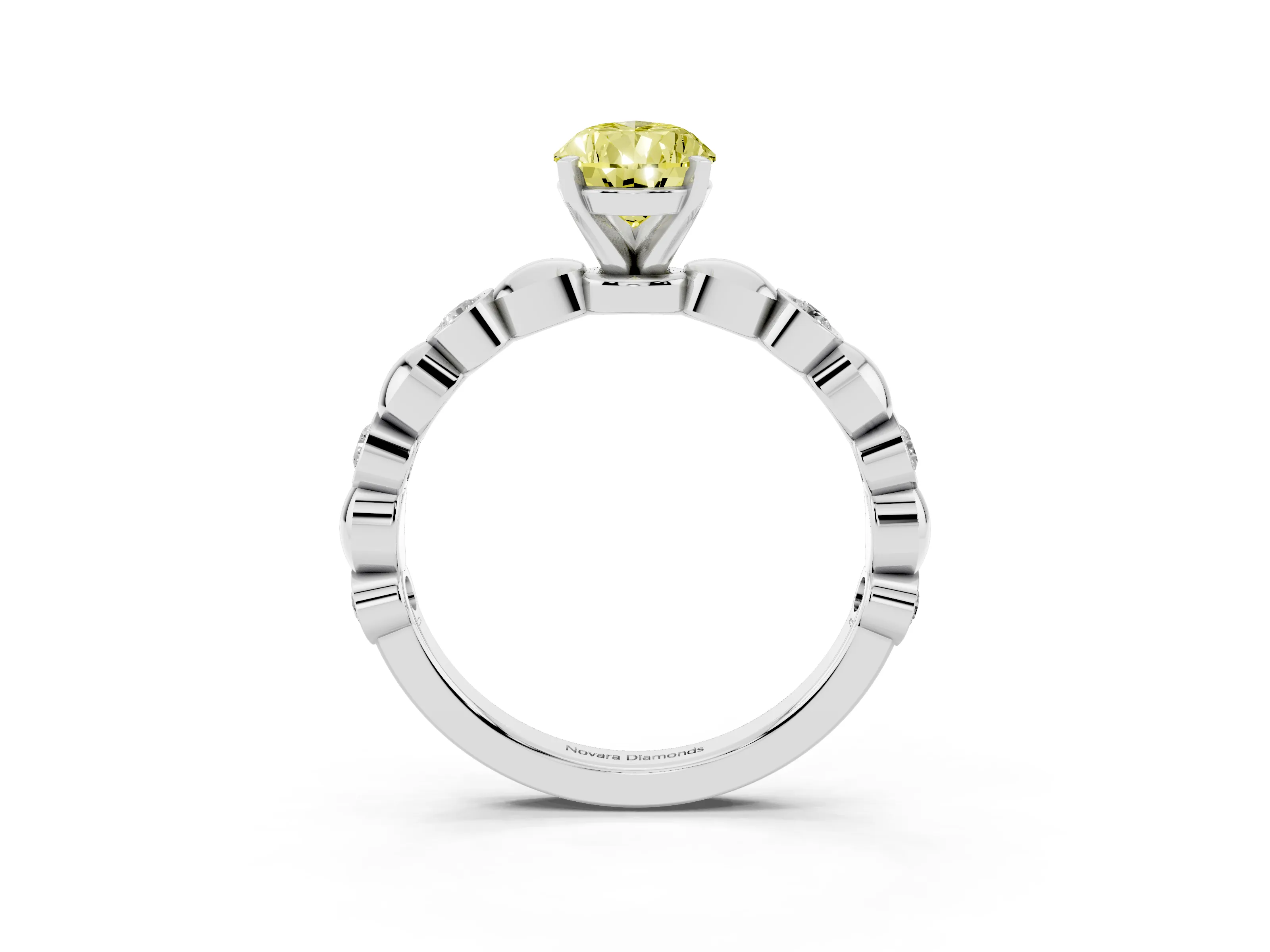 Fancy Yellow Pear Cut Diamond Solitaire Ring Set in Platinum with Bezel-Set Accents on Beaded Band and Prong Setting