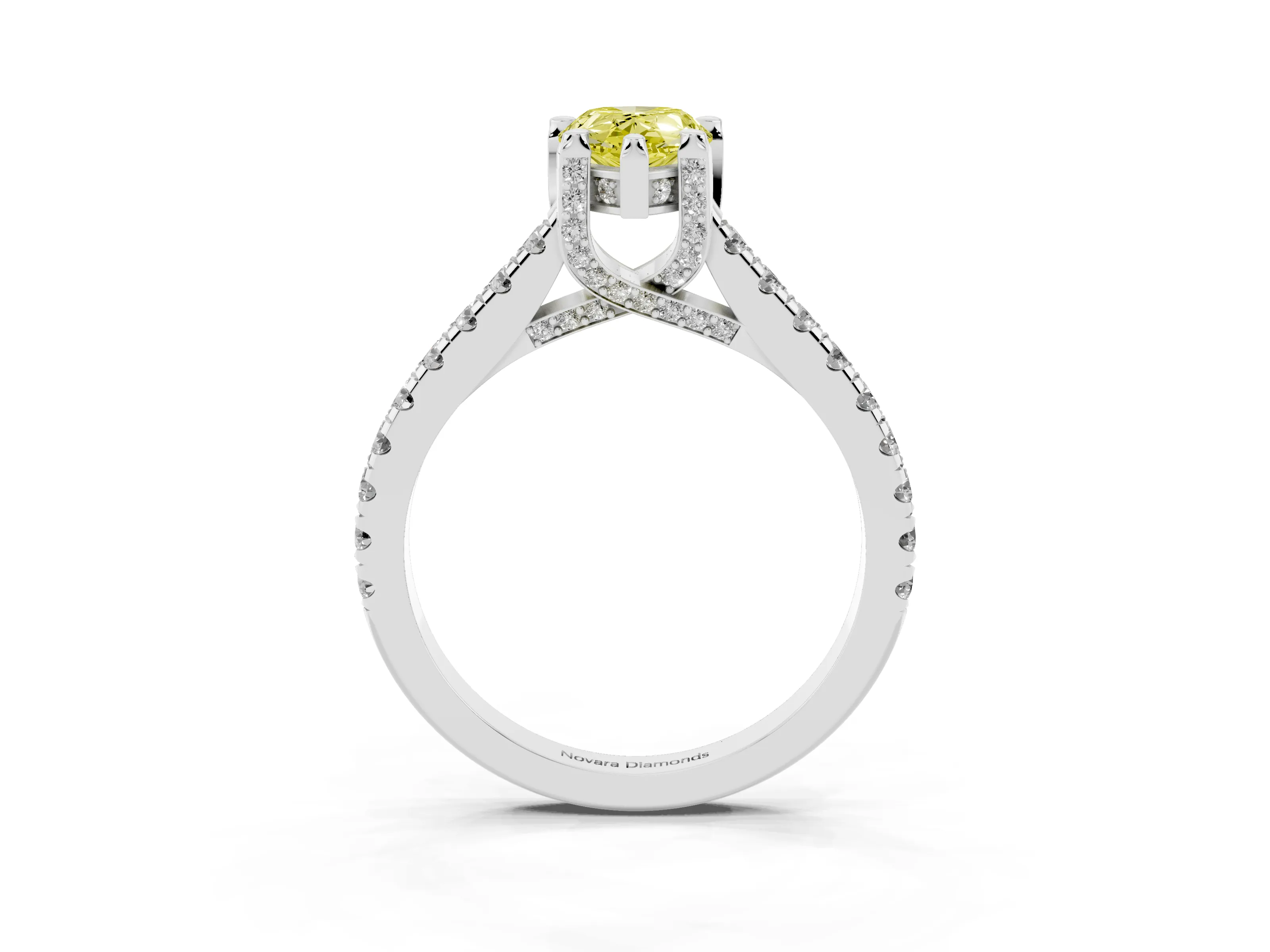 Fancy Yellow Pear Cut Diamond Solitaire Ring Set in Platinum with Brilliant Pavé Band and Prong Setting