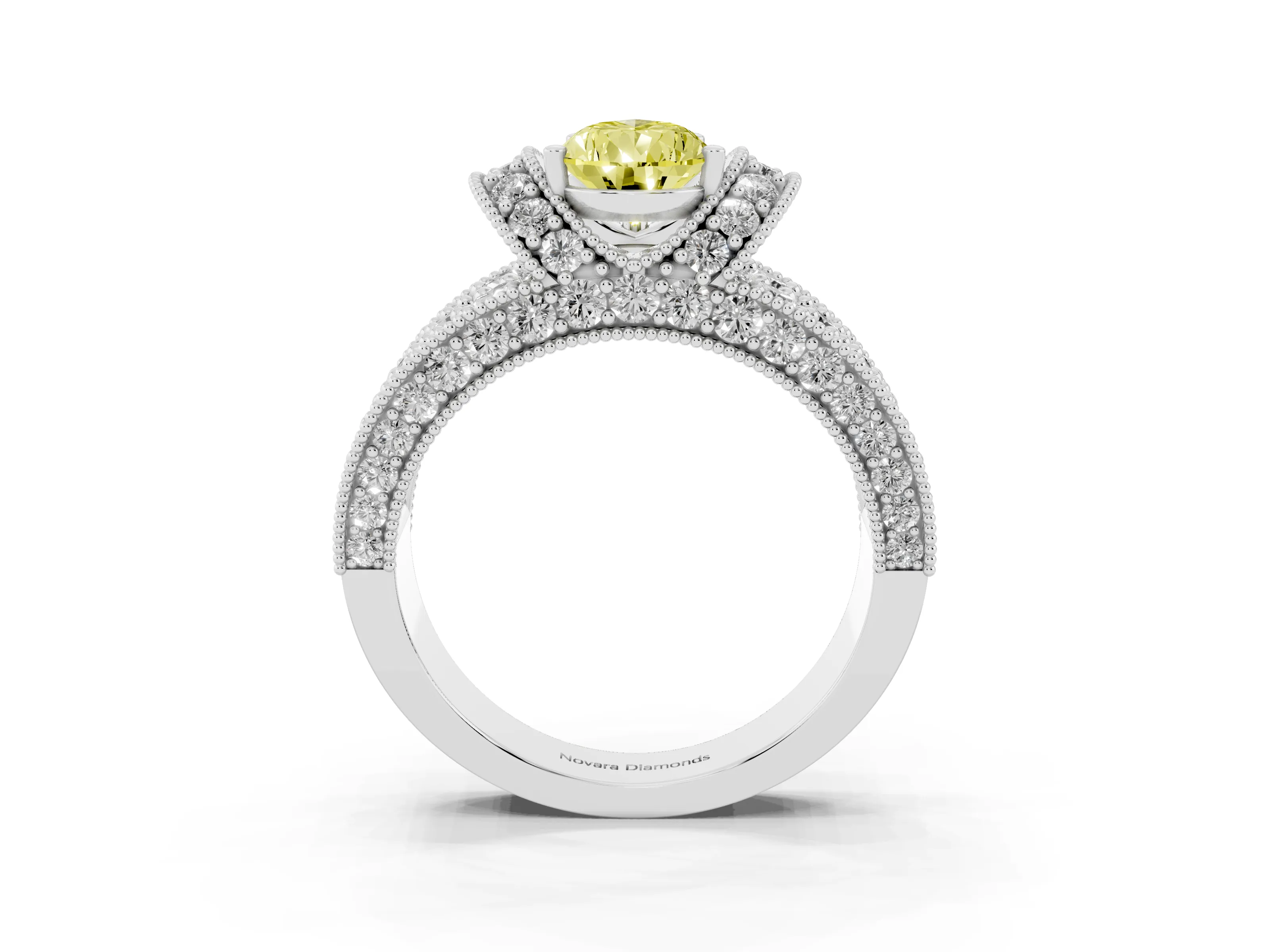 Fancy Yellow Pear Cut Diamond Milgrain Halo Pavé Engagement Ring Set in Platinum with Prong Setting