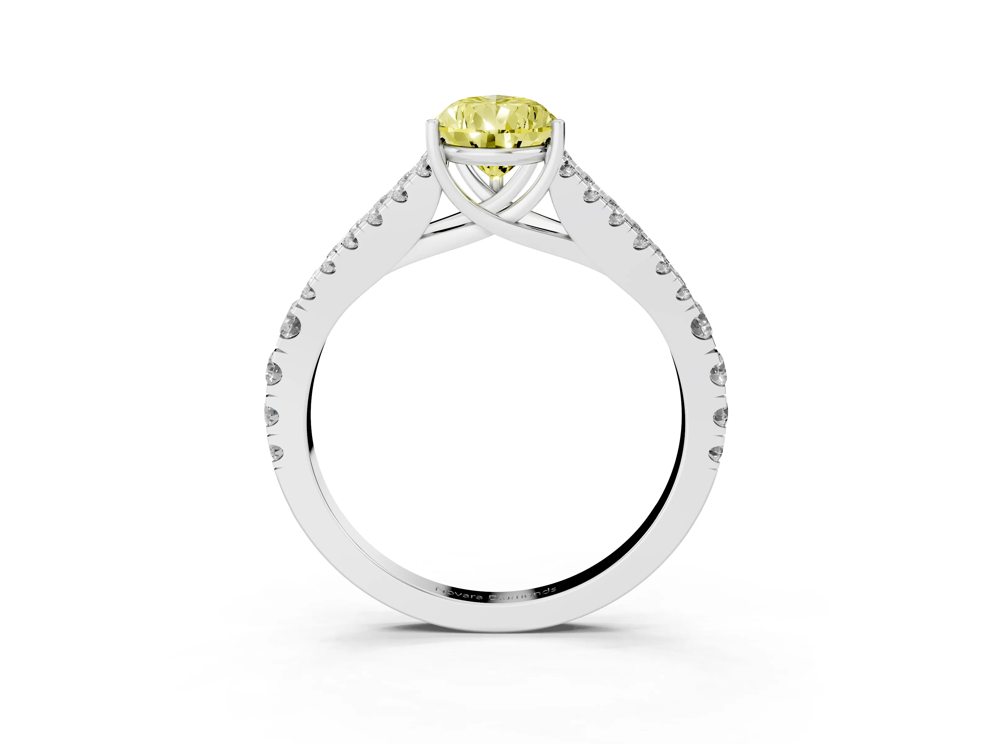 Fancy Yellow Pear Cut Diamond Split Shank Pavé Engagement Ring Set in Platinum with Prong-Held Center Stone