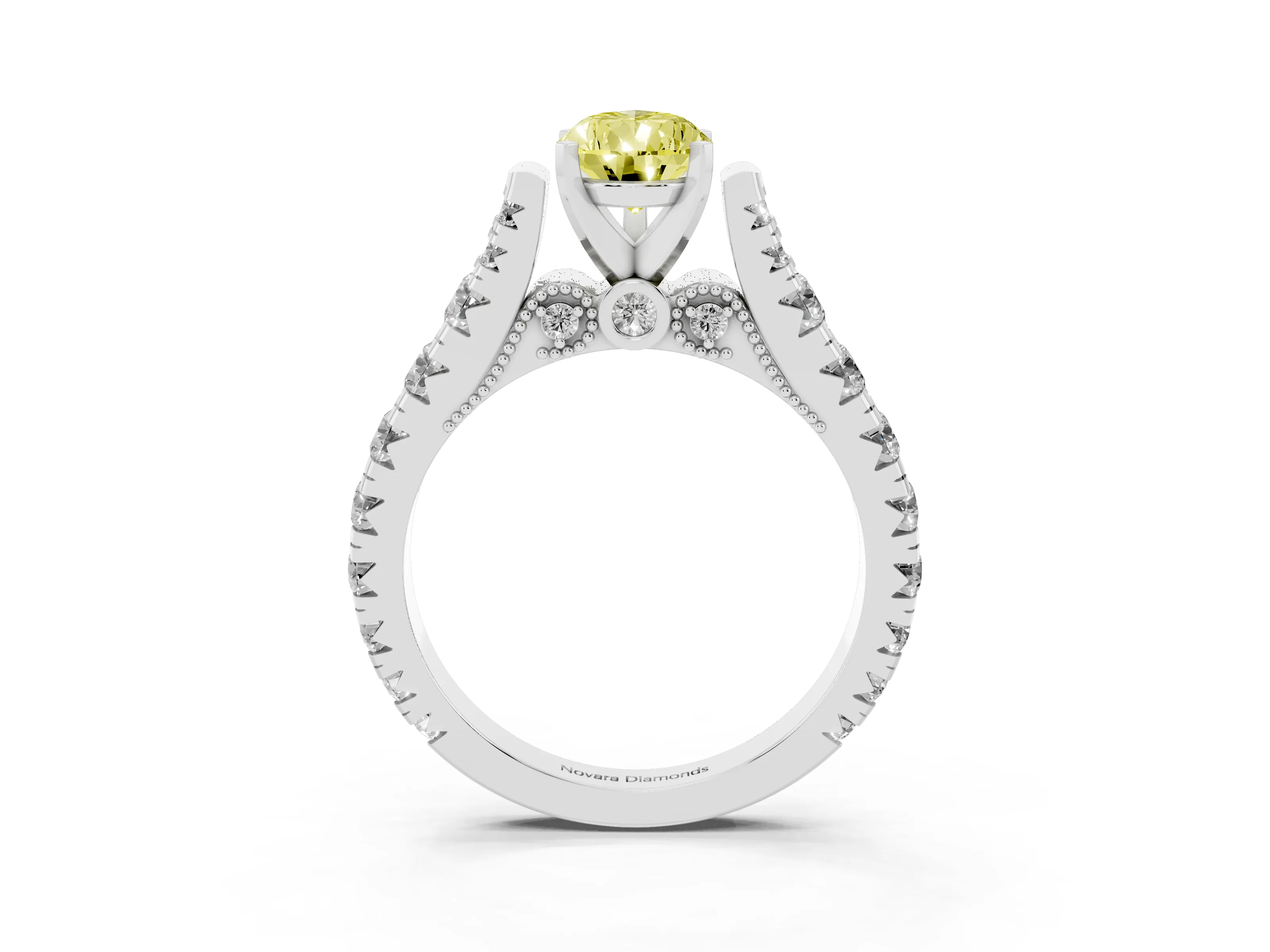Fancy Yellow Pear Cut Diamond Classic Solitaire Ring Set in Platinum with Pavé Band and Prong Setting
