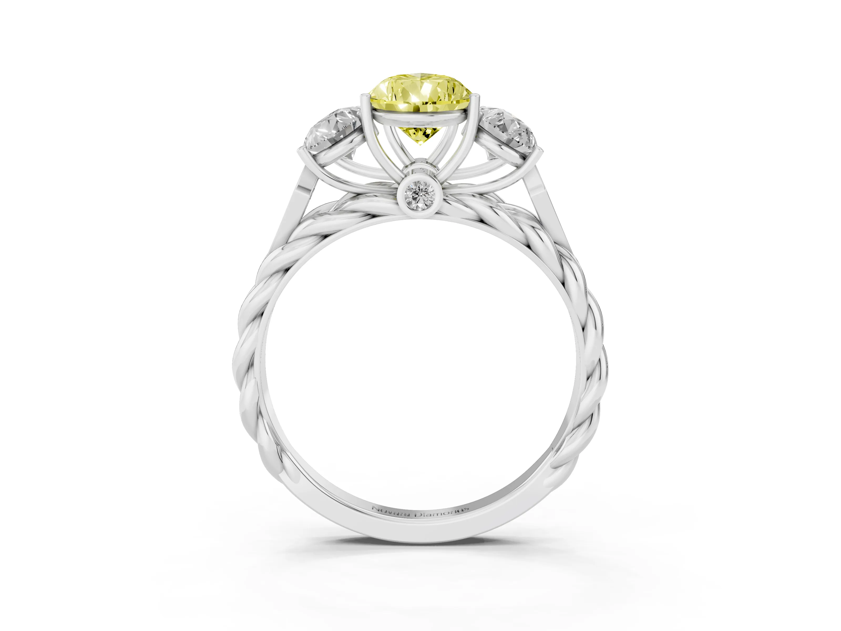 Fancy Yellow Pear Cut Diamond Three-Stone Ring Set in White gold with Braided Band