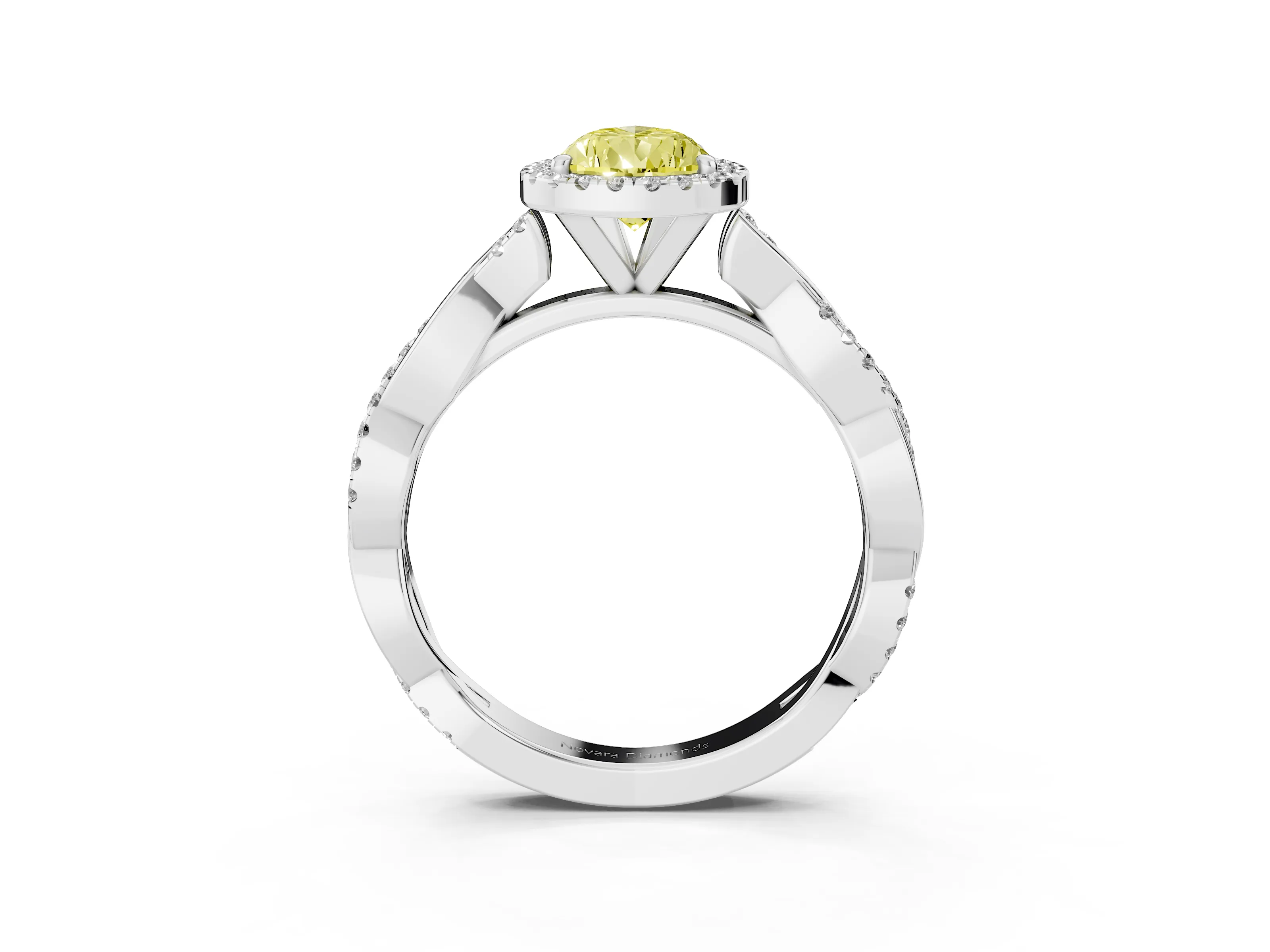 Fancy Yellow Pear Cut Diamond Halo Twisted Band Ring Set in White gold with Prong Setting