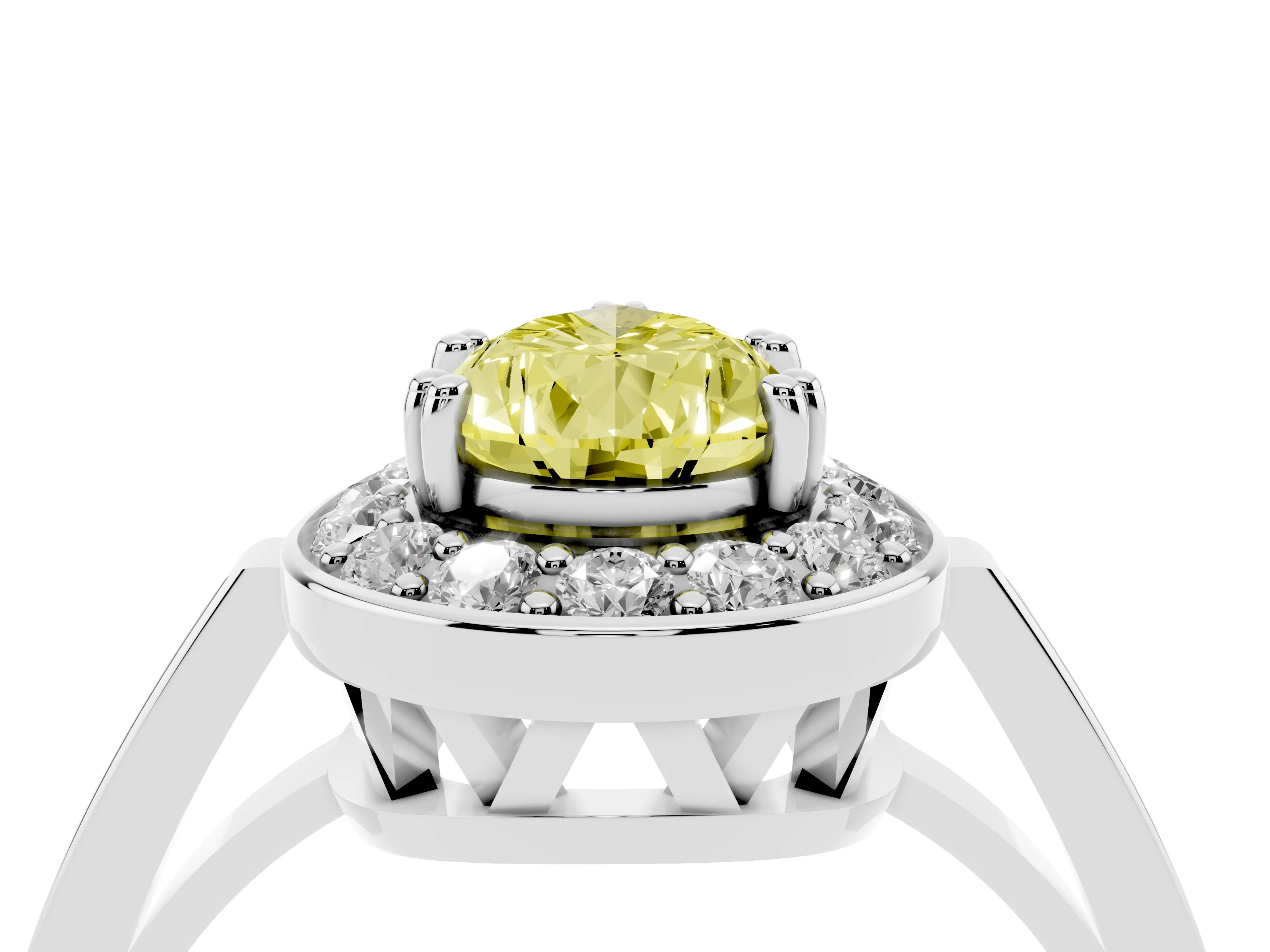Fancy Yellow Pear Cut Diamond Halo Ring Set in Silver with Accent-Lined Split Shank and Prong Setting