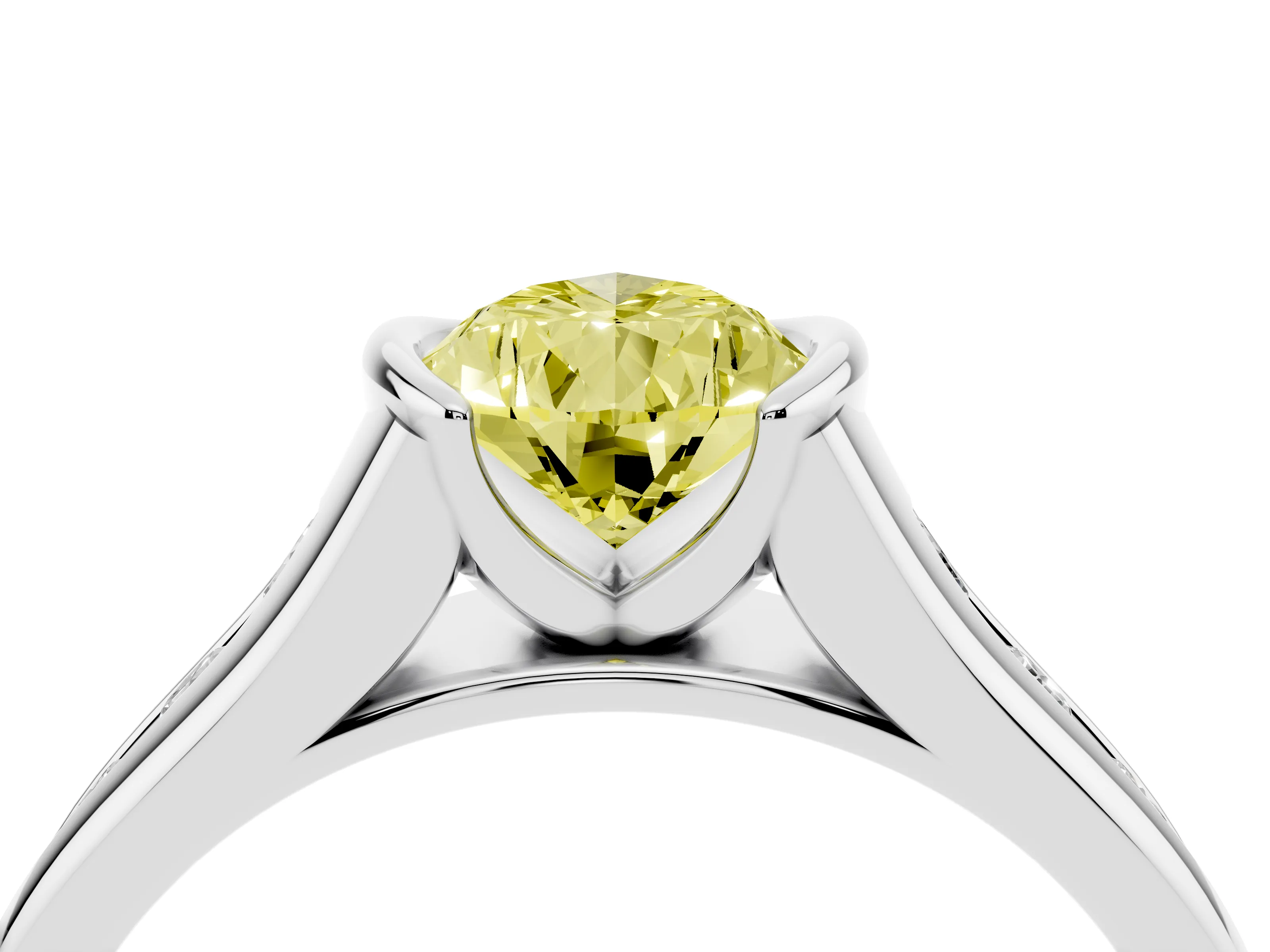Fancy Yellow Pear Cut Diamond Bezel-Set Solitaire Ring Set in White gold with Channel-Set Band