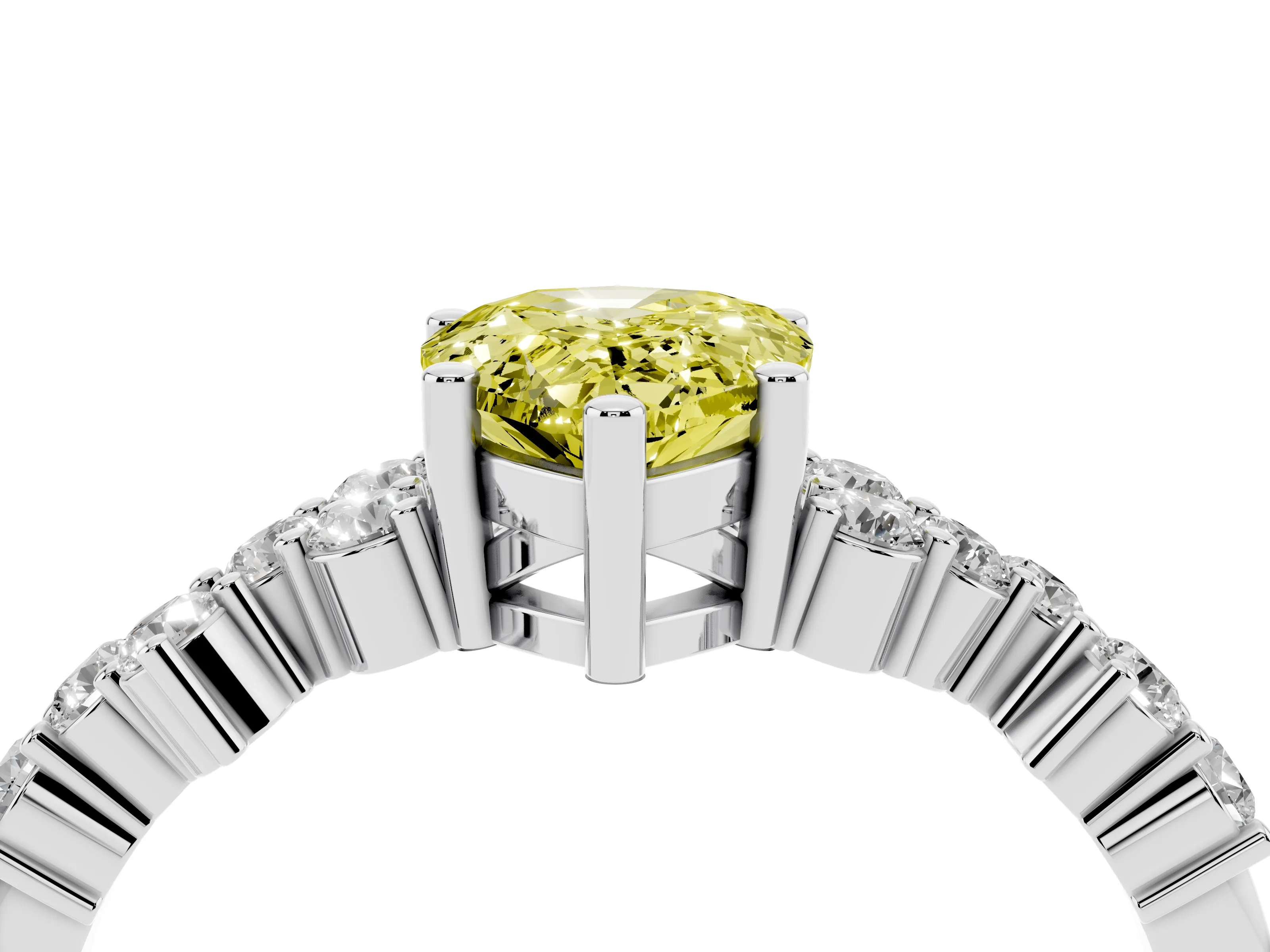 Fancy Yellow Pear Cut Diamond Ring Set in Platinum with Scattered Round Accents