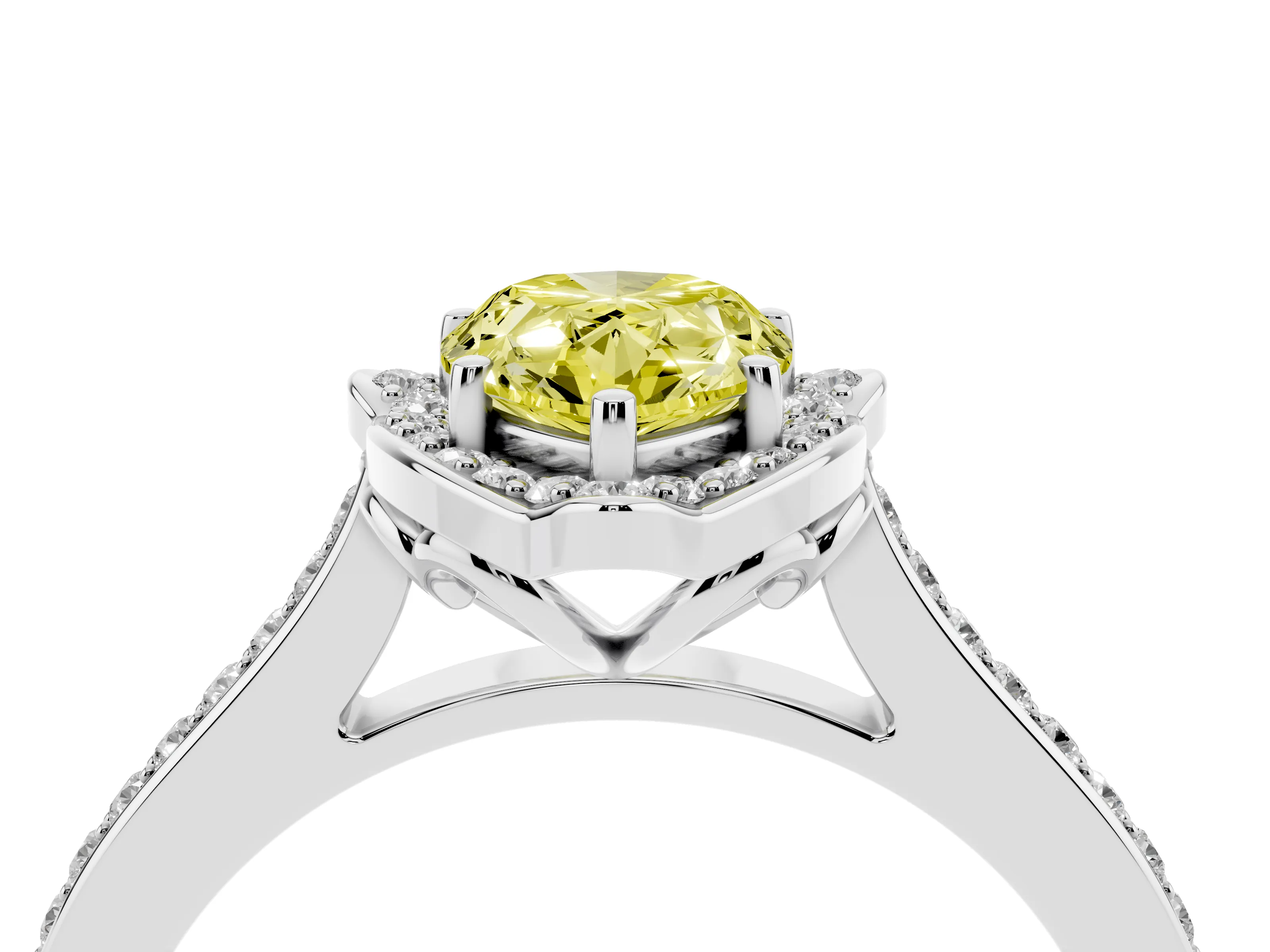 Fancy Yellow Pear Cut Diamond Halo Ring Set in White gold with Pavé-Lined Shoulders and Prong Setting