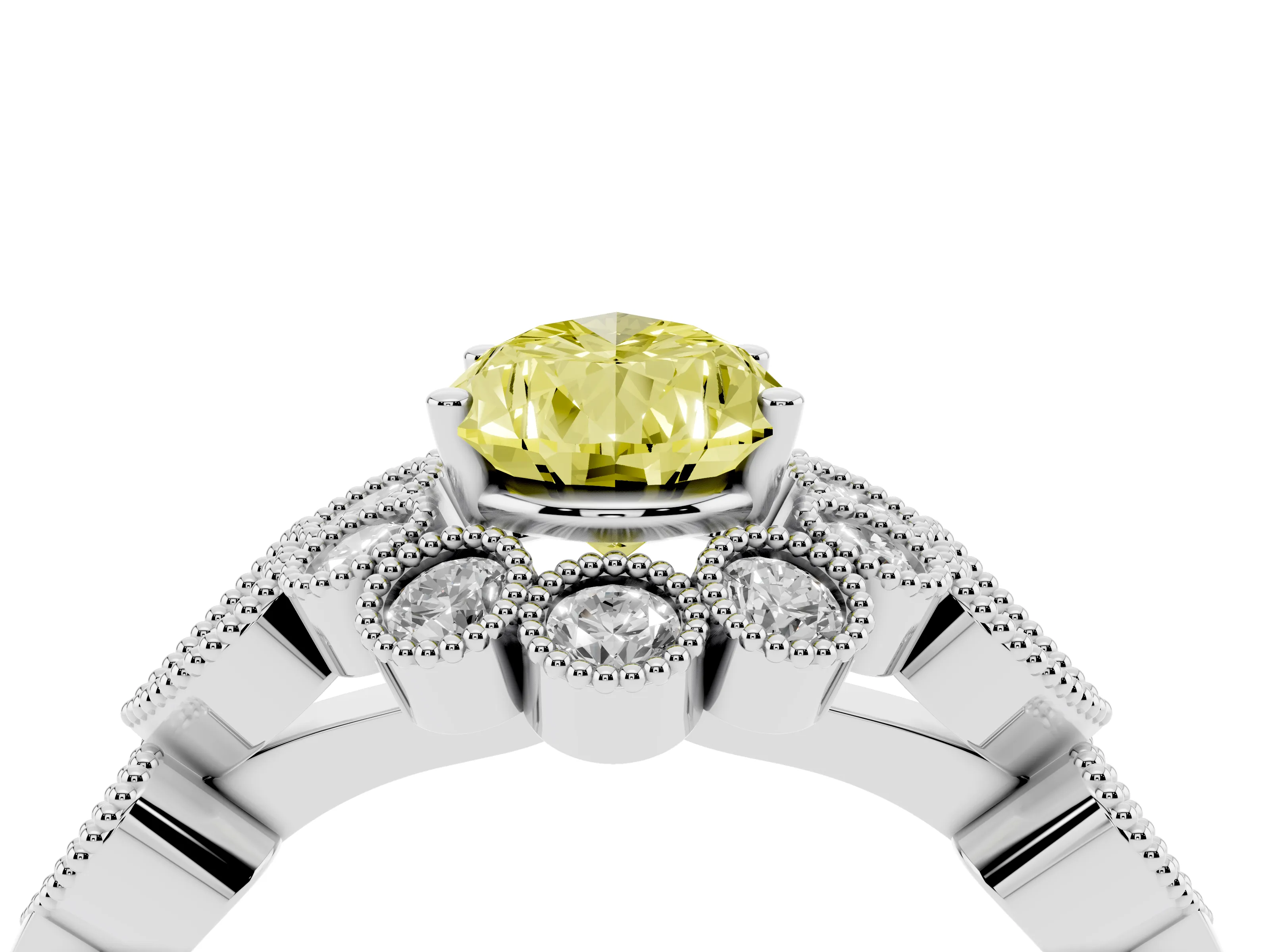 Fancy Yellow Pear Cut Diamond Solitaire Ring Set in Platinum with Milgrain Pavé Heart Band