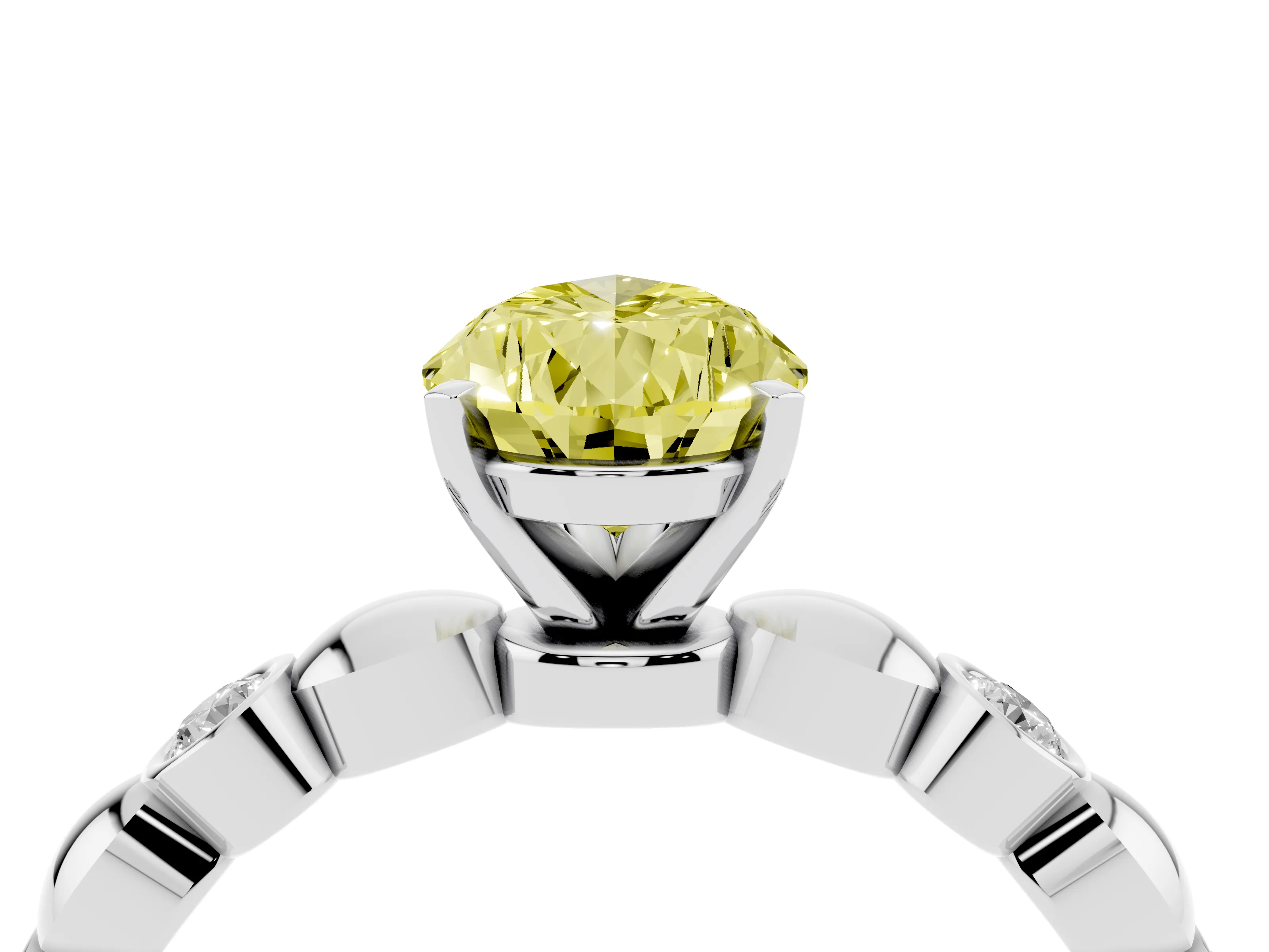 Fancy Yellow Pear Cut Diamond Solitaire Ring Set in Platinum with Bezel-Set Accents on Beaded Band and Prong Setting