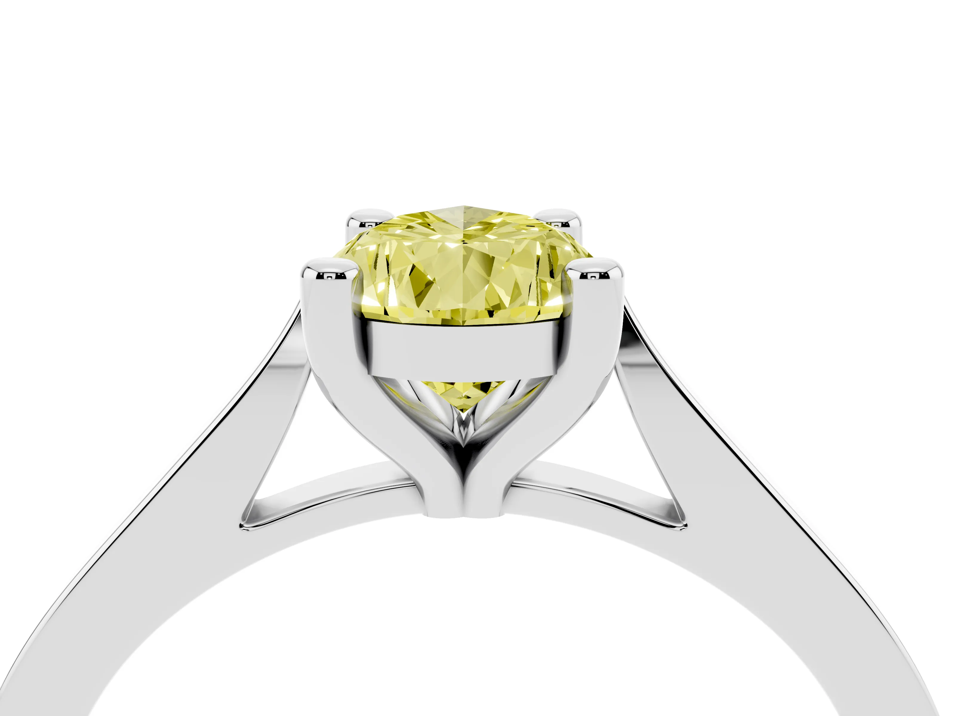 Fancy Yellow Pear Cut Diamond Solitaire Ring Set in Platinum with Prong Setting and Tapered Band