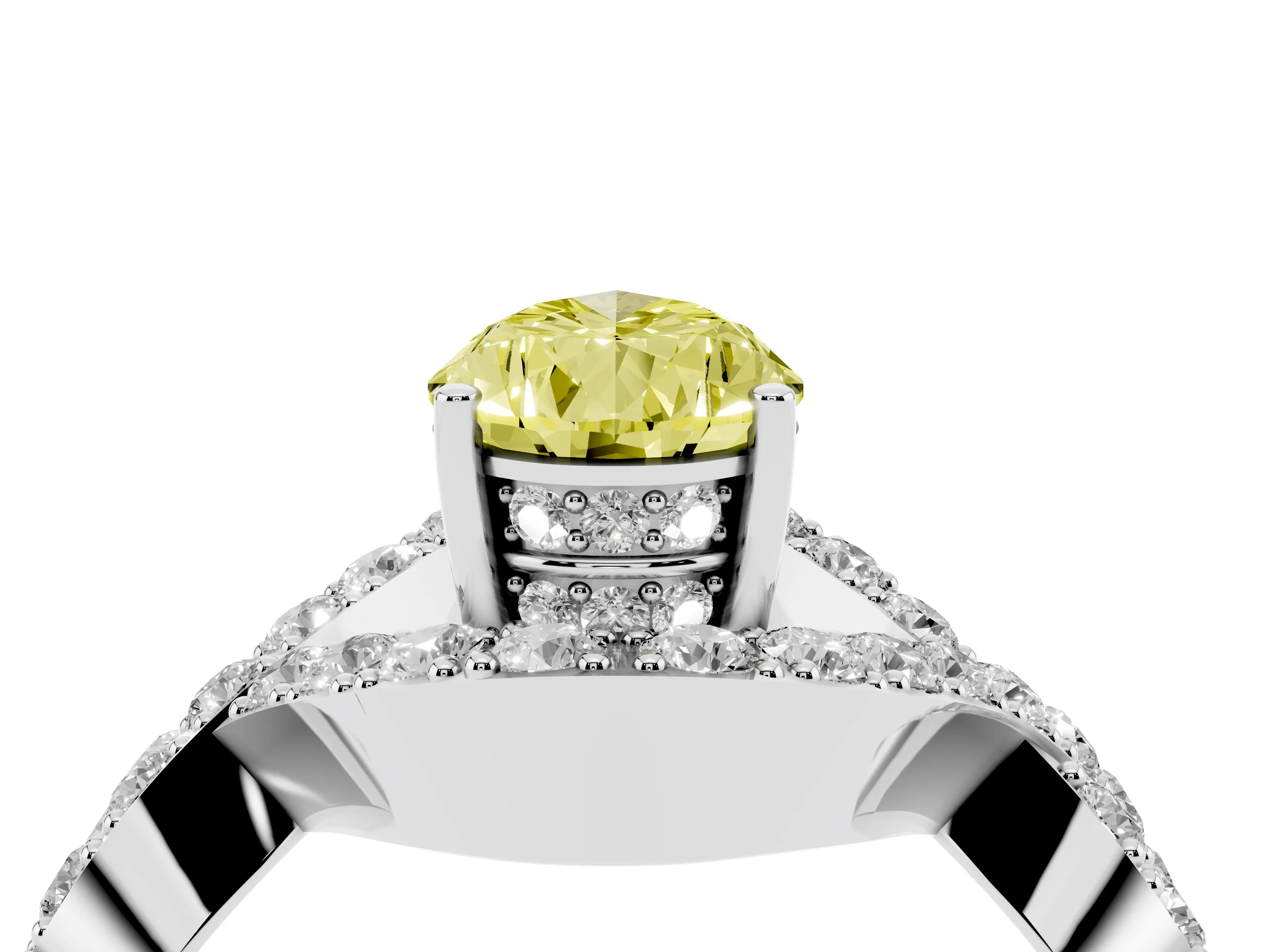 Fancy Yellow Pear Cut Diamond Solitaire Twist Band Pavé Engagement Ring Set in Platinum