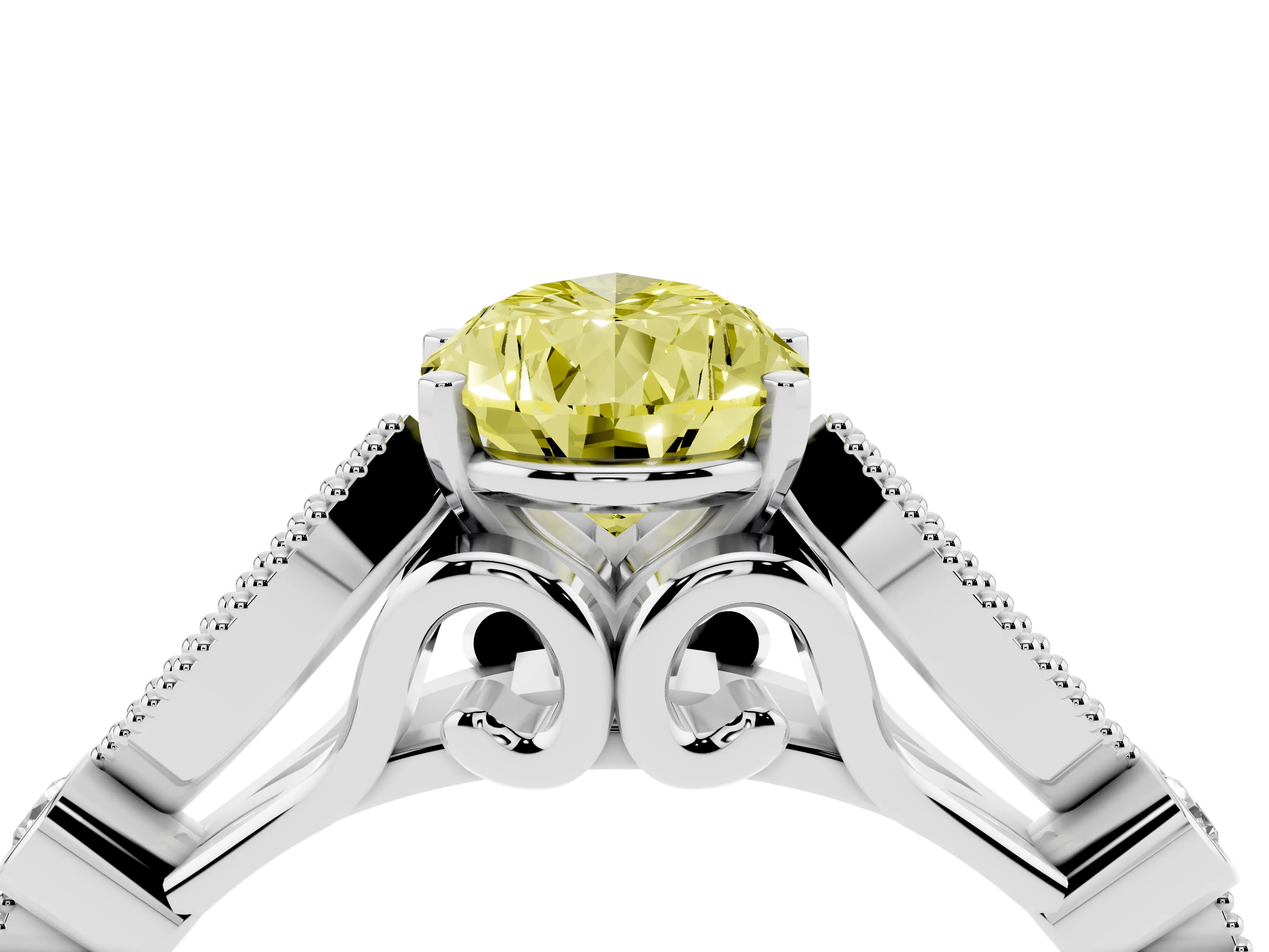 Fancy Yellow Pear Cut Diamond Solitaire Ring Set in Platinum with Milgrain Marquise and Bezel Accents