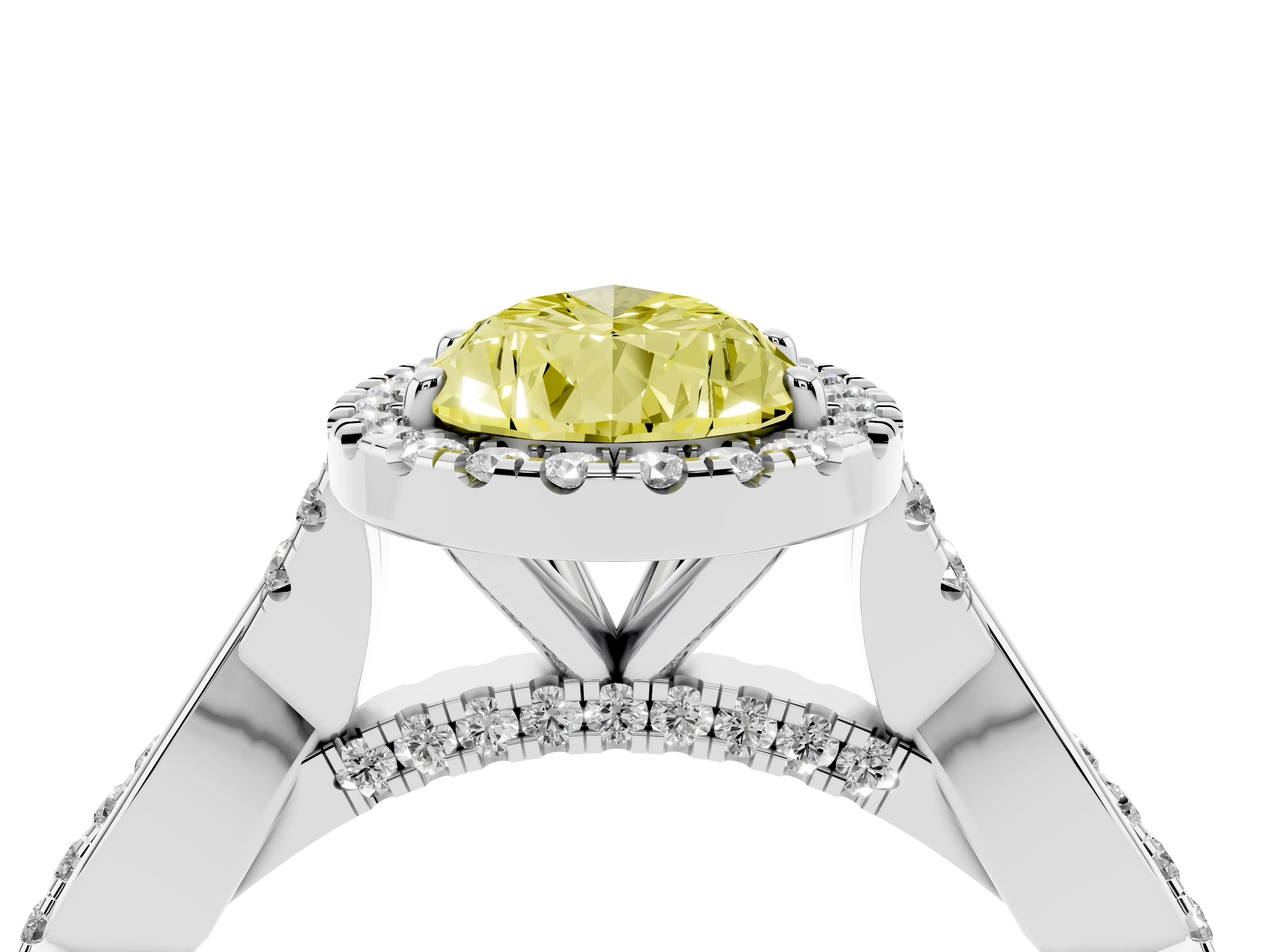Fancy Yellow Pear Cut Diamond Halo Twist Band Solitaire Ring Set in White gold with Prong Setting
