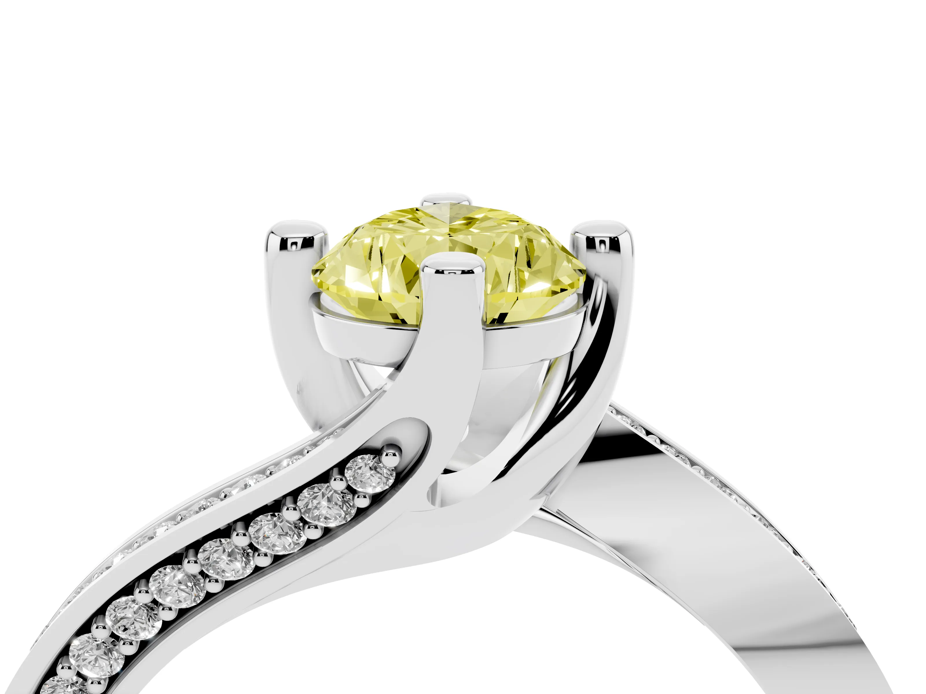 Fancy Yellow Pear Cut Diamond Solitaire Ring Set in White gold with Intertwined Pavé Twist Band