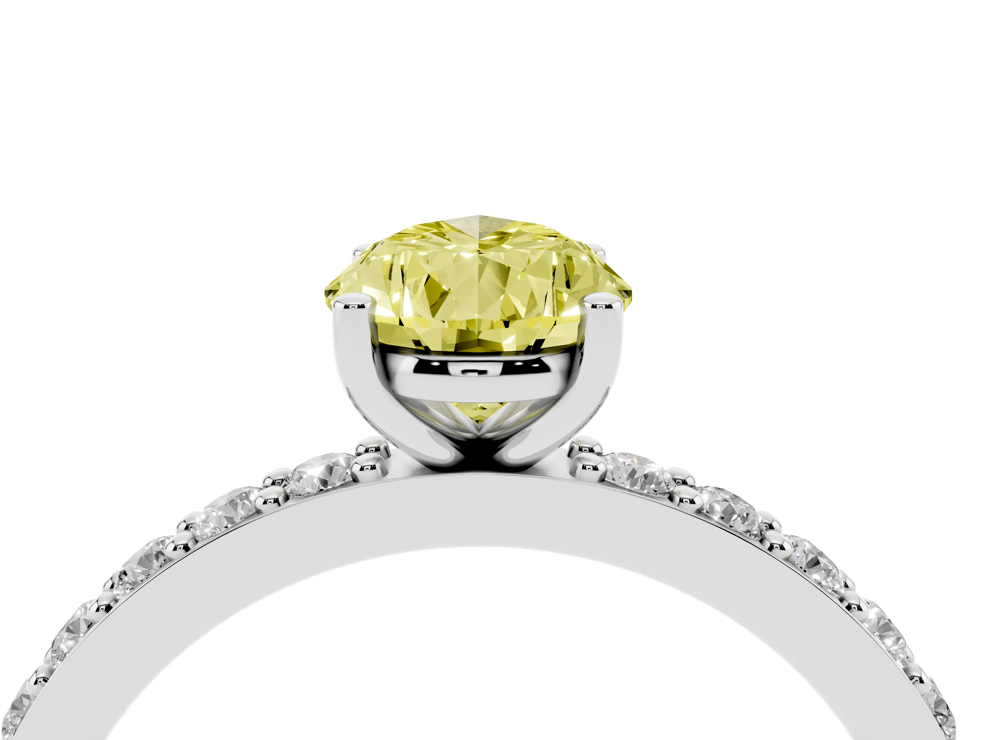 Fancy Yellow Pear Cut Diamond Solitaire Set in Silver with Round Pavé Band and Prong Setting