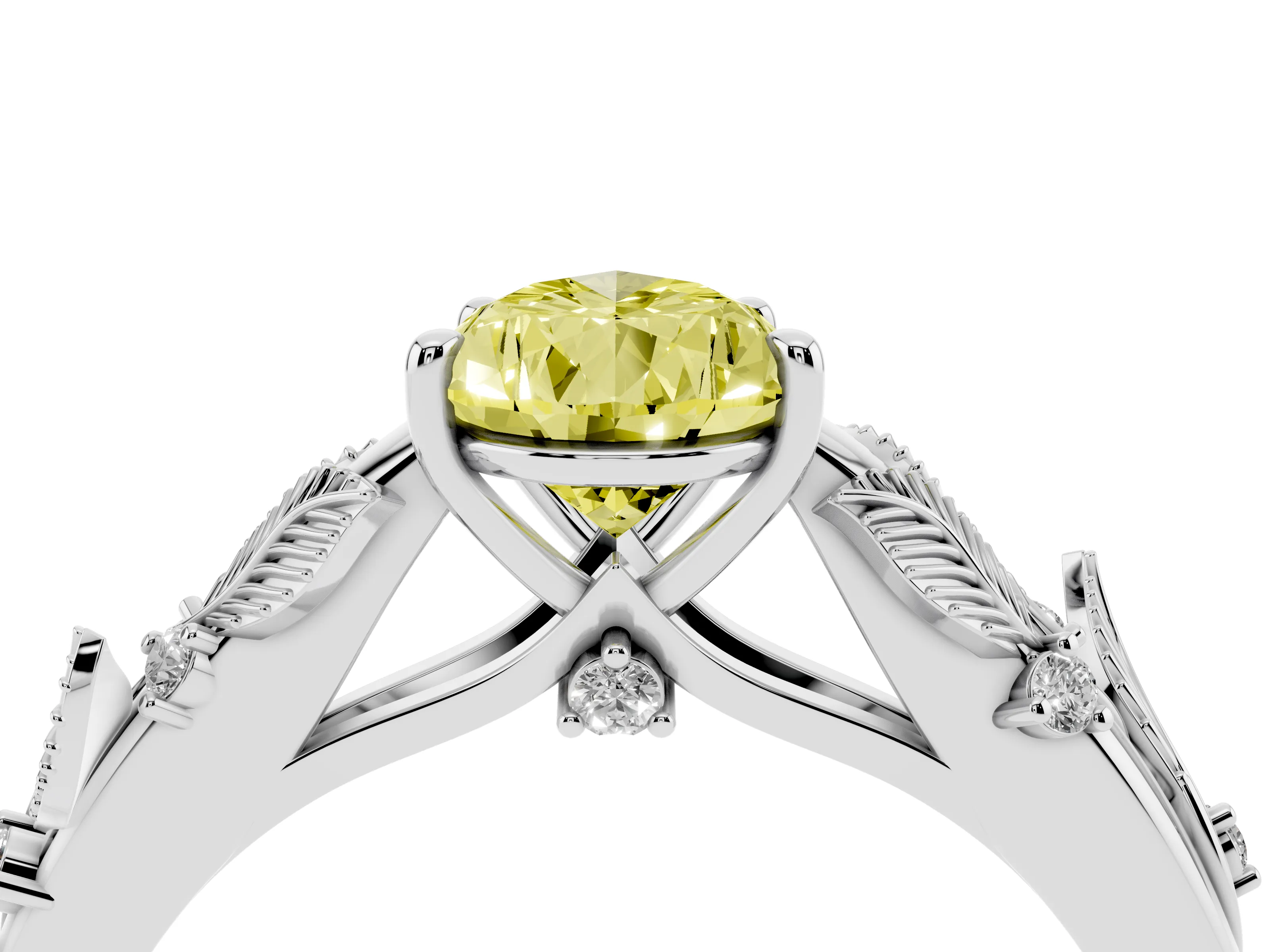 Fancy Yellow Pear Cut Diamond Solitaire Ring Set in Silver with Leaf Motif Band