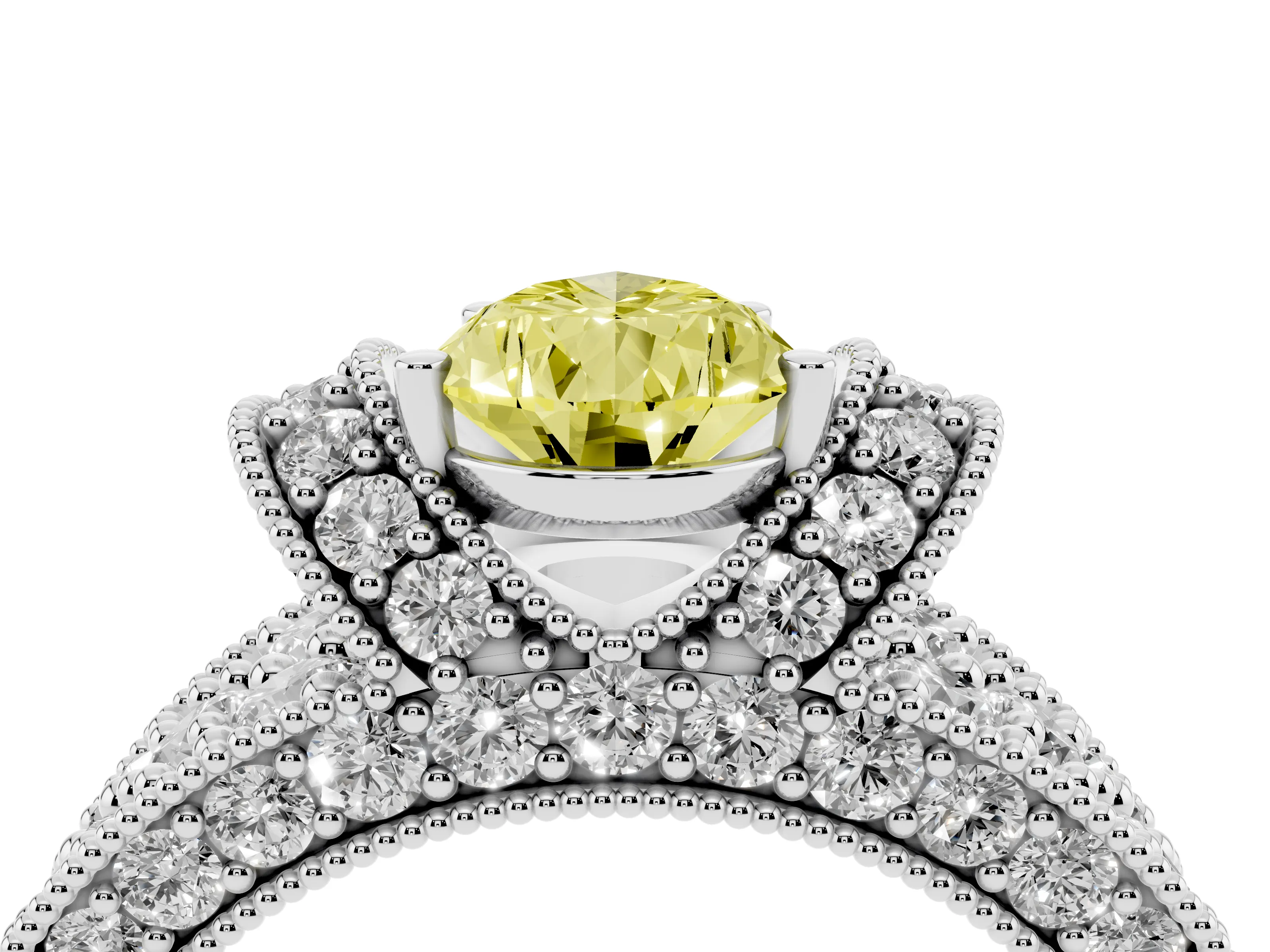 Fancy Yellow Pear Cut Diamond Milgrain Halo Pavé Engagement Ring Set in Platinum with Prong Setting