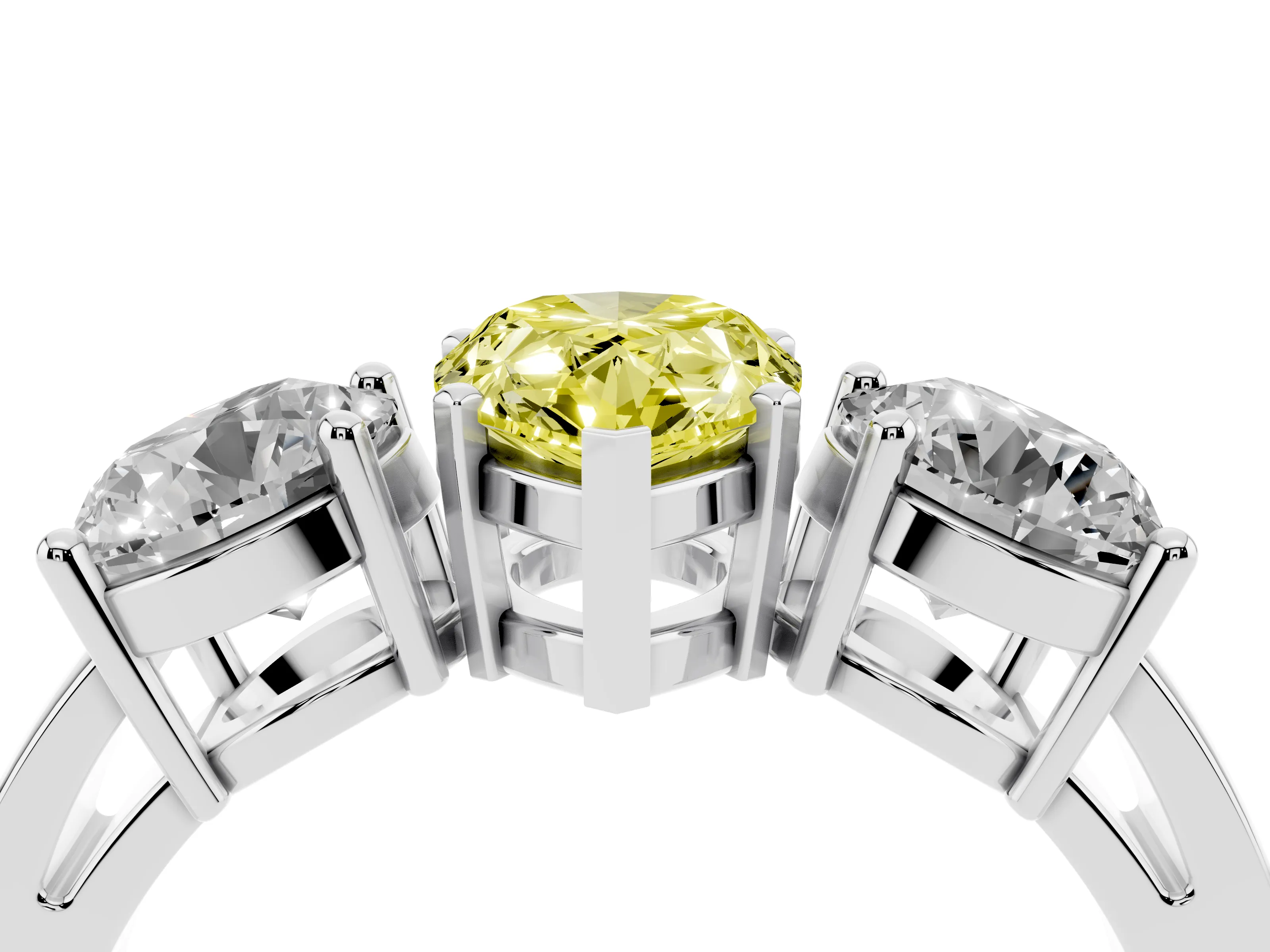 Fancy Yellow Pear Cut Diamond Three-Stone Ring Set in Platinum with Round Side Stones and Classic Band