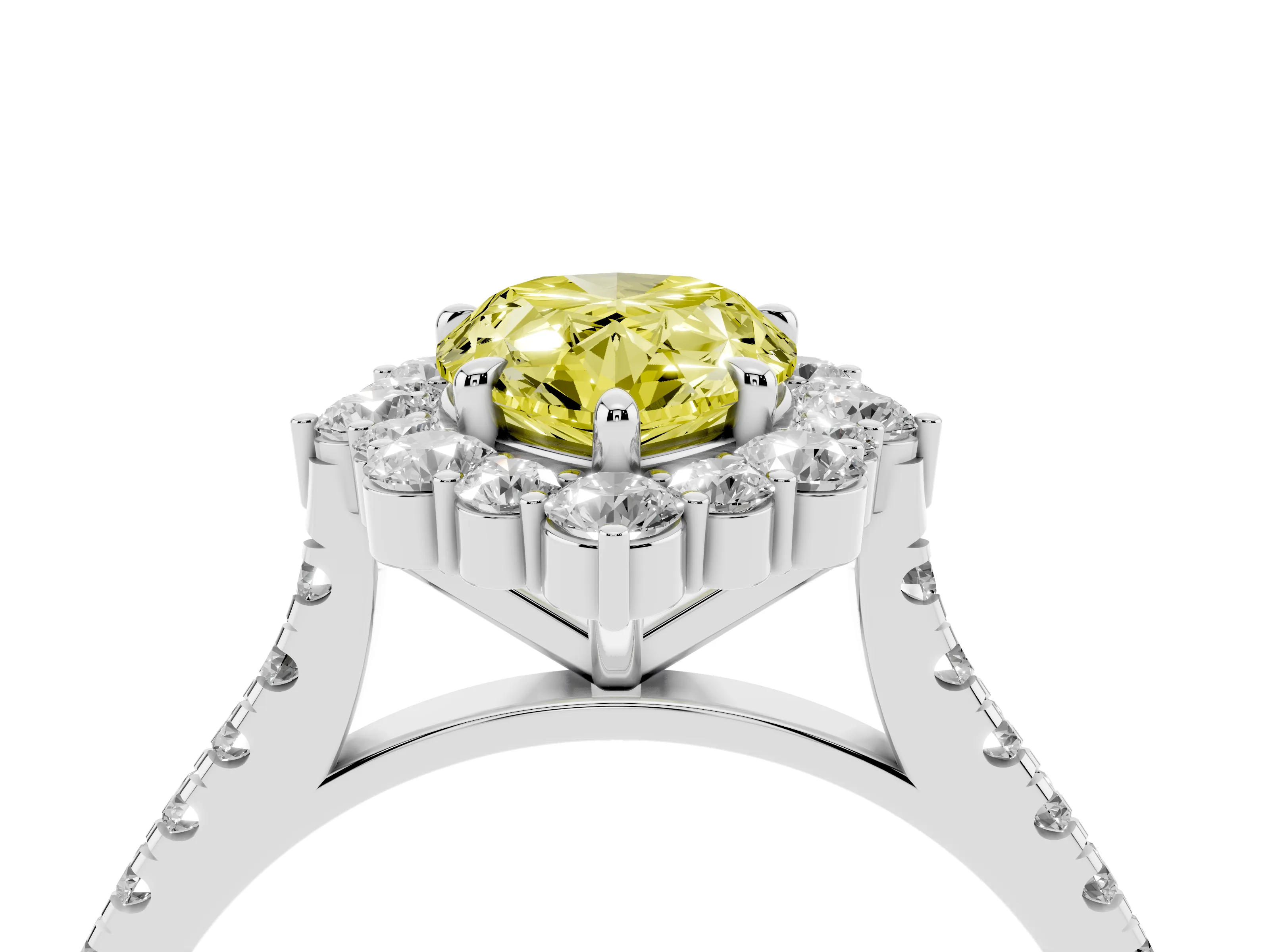 Fancy Yellow Pear Cut Diamond Halo Ring Set in Silver with Pavé Band and Prong Setting