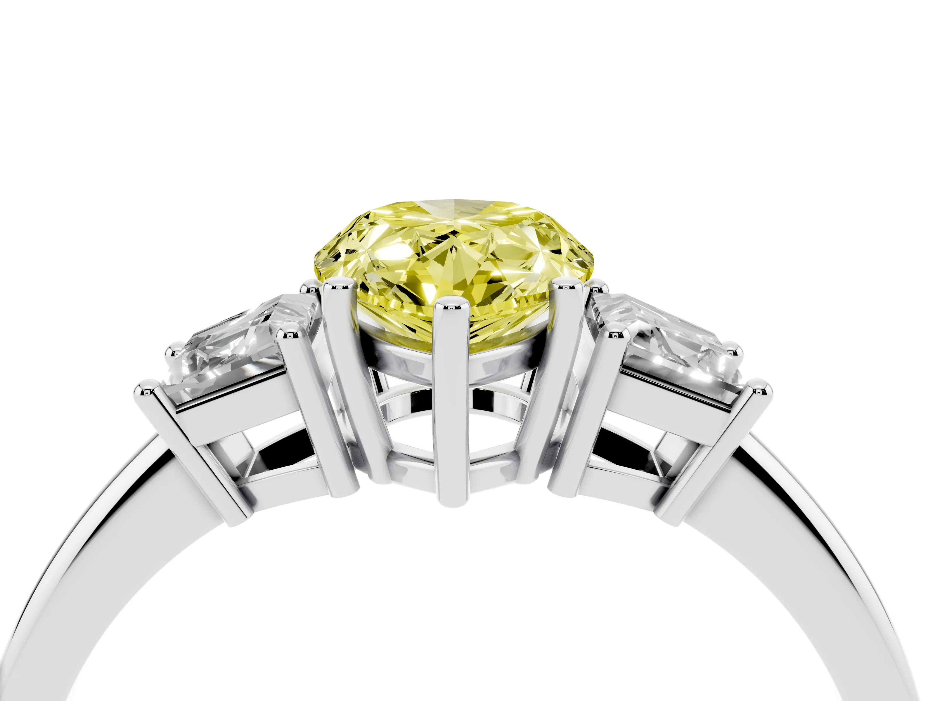 Fancy Yellow Pear Cut Diamond Three-Stone Ring Set in White gold with Trapezoid Side Stones and Prong Setting