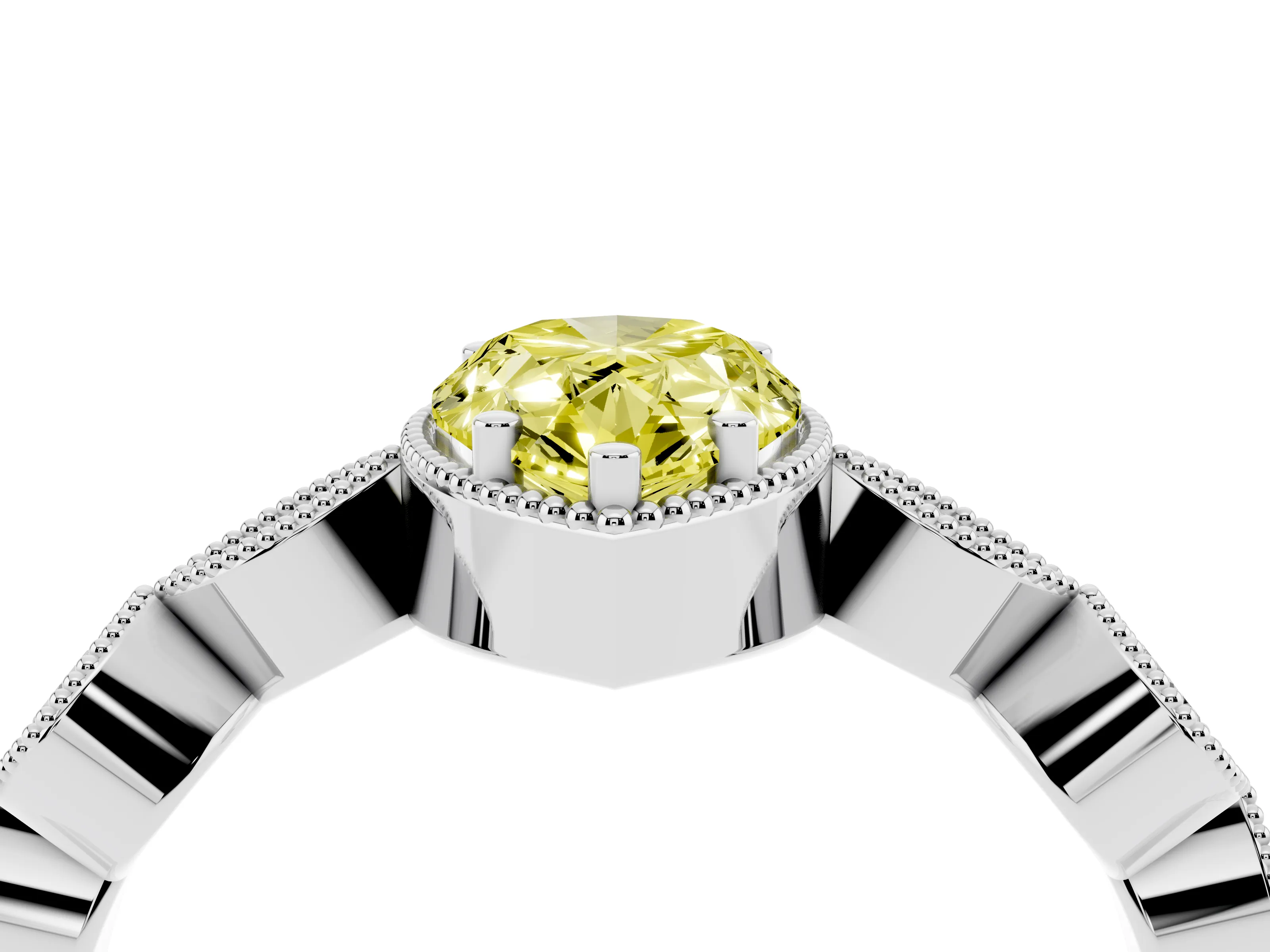 Fancy Yellow Pear Cut Diamond Vintage-Inspired Milgrain Ring Set in White gold with Marquise Stations of Round Accents